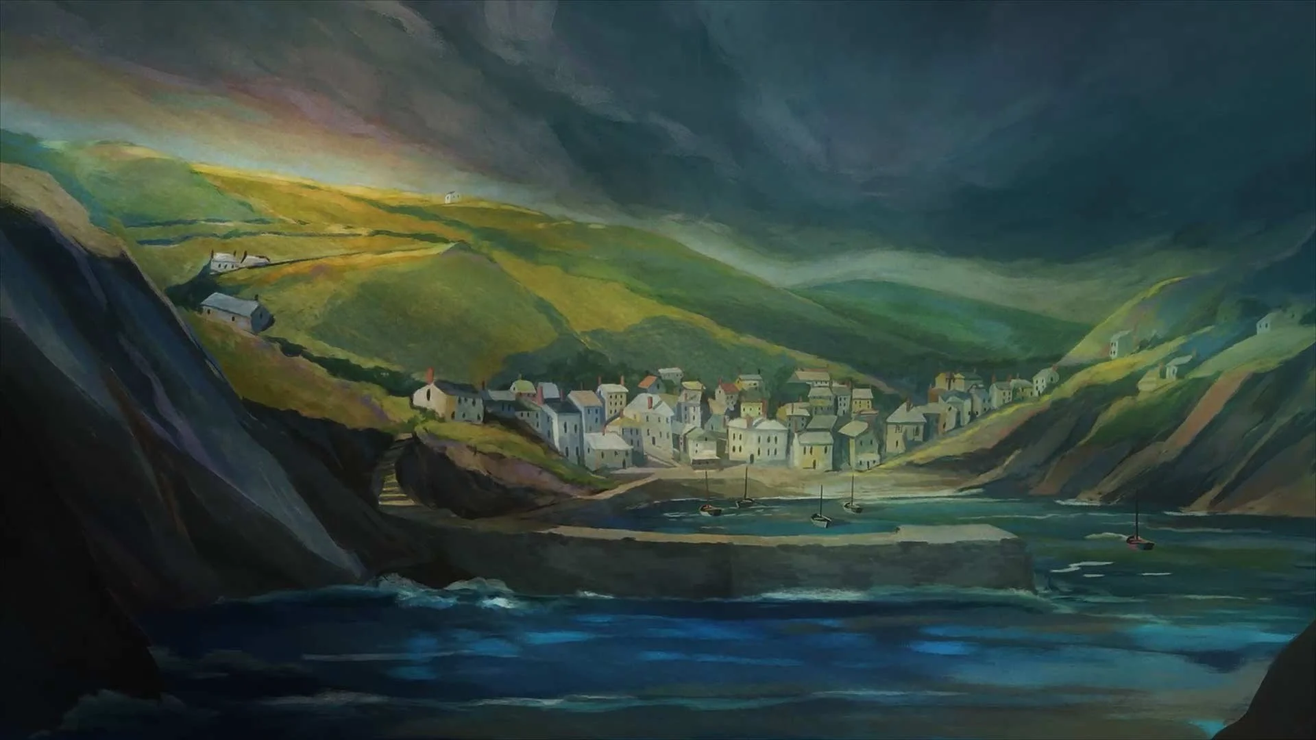 Moon's village nestles in its cove beneath green hills and a stormy sky — Moon & the Dolphin, BFI.