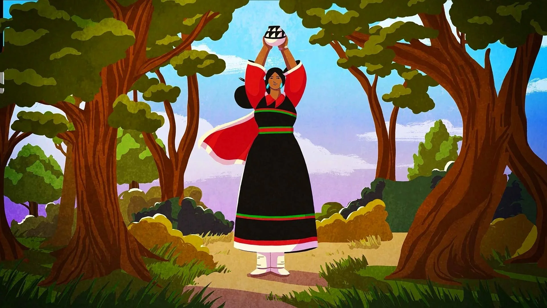 An Indigenous woman of centuries past lifts a clay pot above her head in a lush forest — The Possibilities of Regeneration.