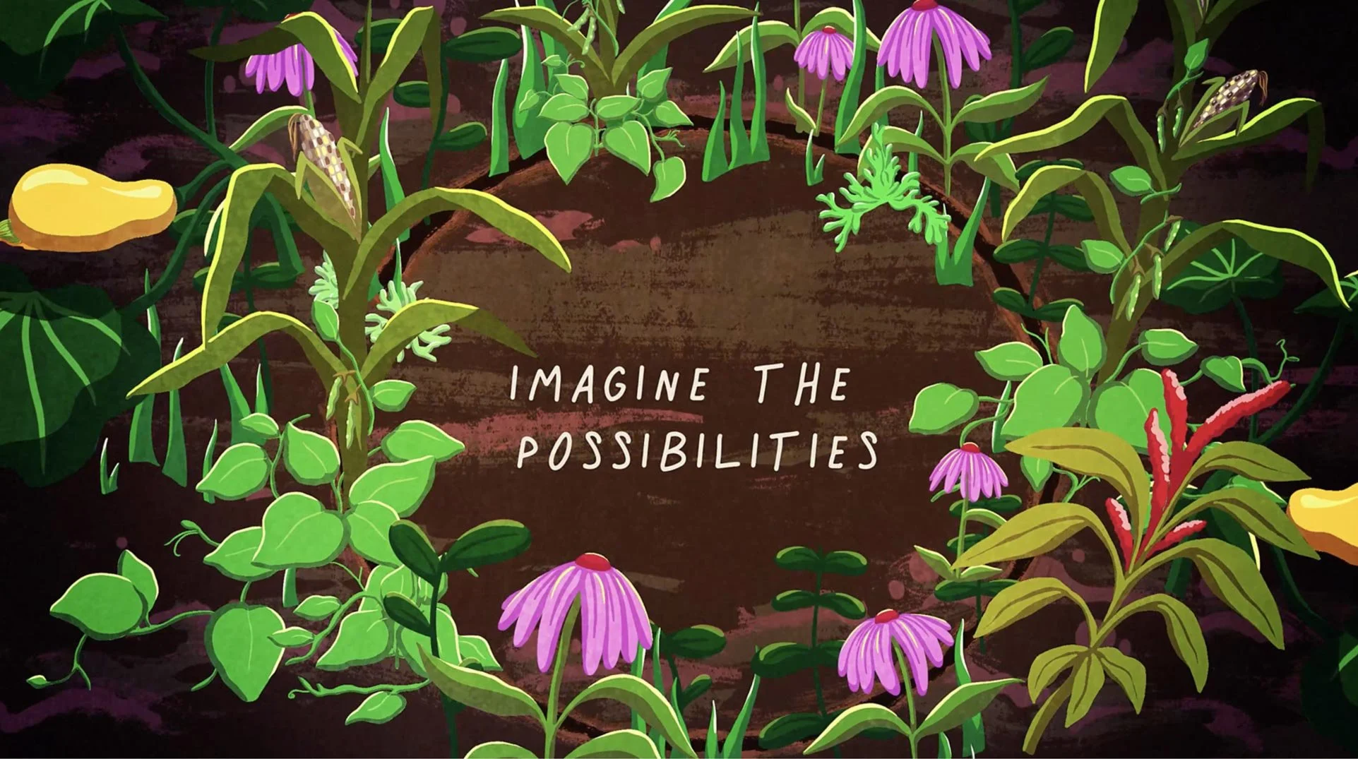 Hand-lettered words, "Imagine the possibilities," framed by green plants and pink coneflowers — The Possibilities of Regeneration, Kiss the Ground.