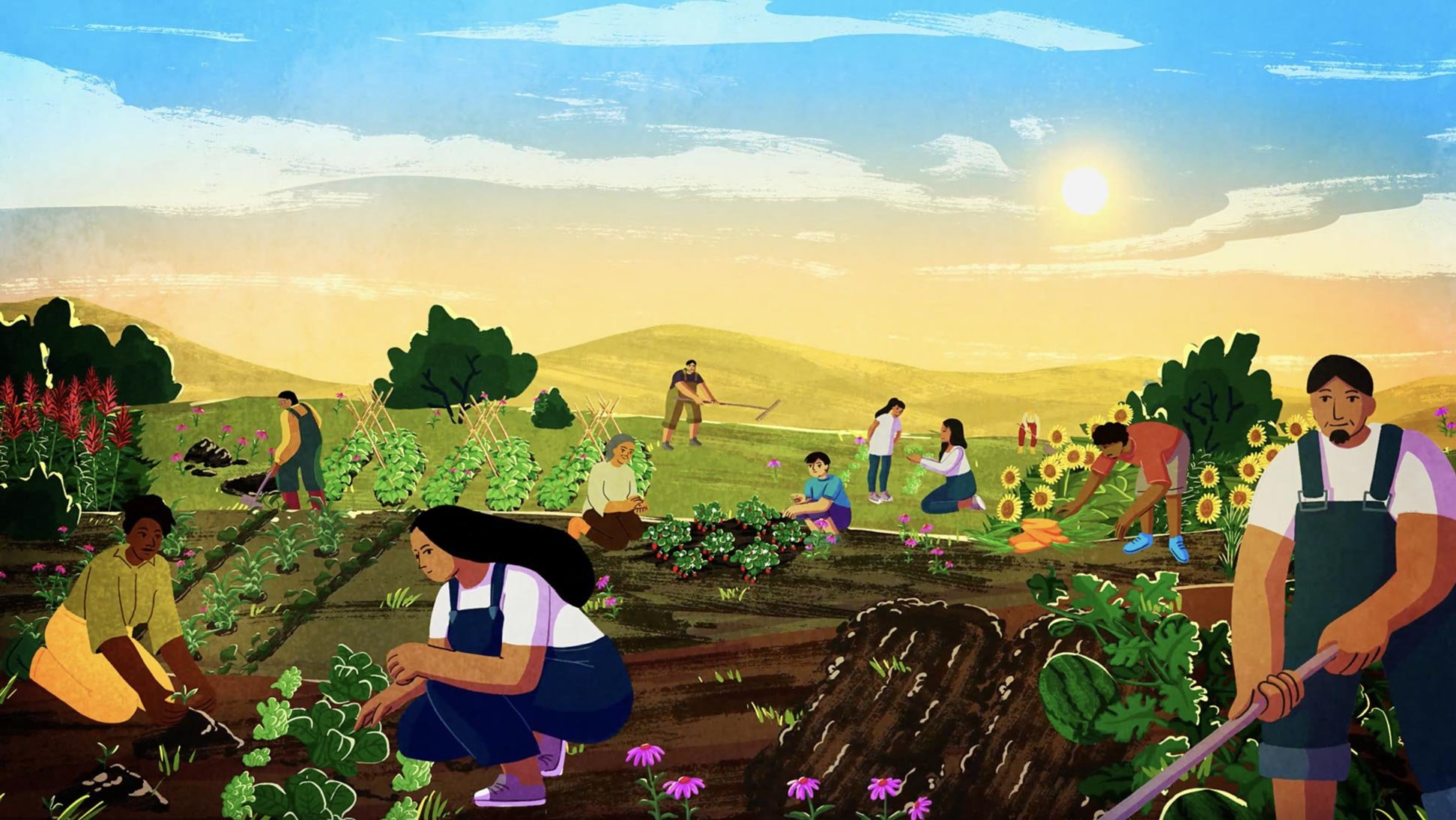 At sunrise, people tend a farm together as a woman kneels to plant in the foreground — The Possibilities of Regeneration, Kiss the Ground.