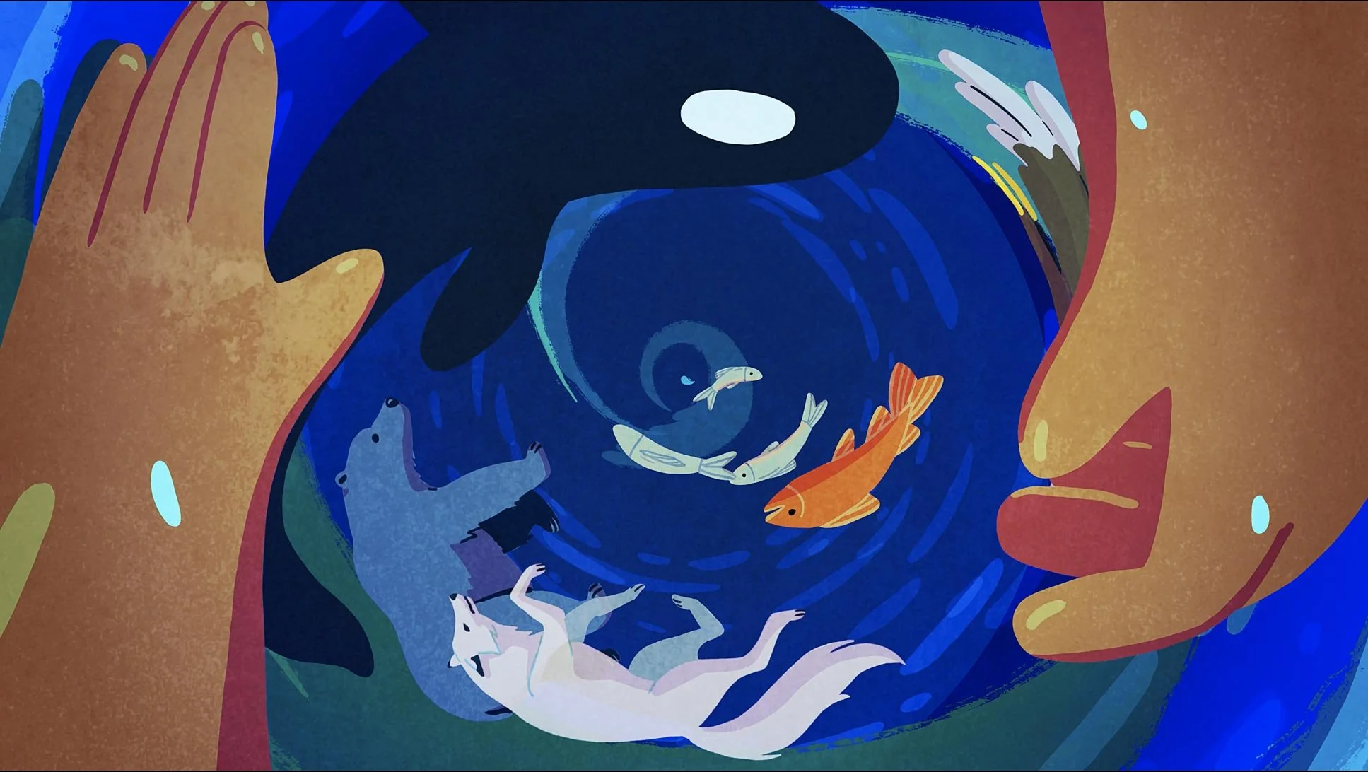 An orca, salmon and a white wolf circle one another in a deep blue whirlpool — The Possibilities of Regeneration, Kiss the Ground.