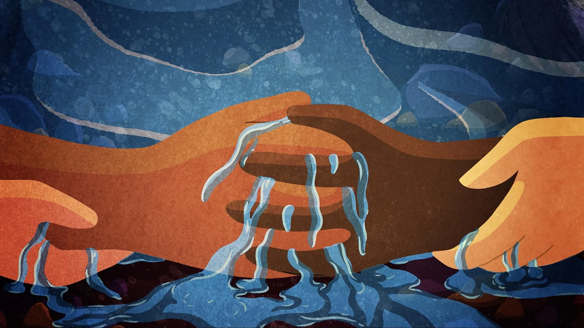 Two hands clasp to retain flowing water — The Possibilities of Regeneration, Kiss the Ground.