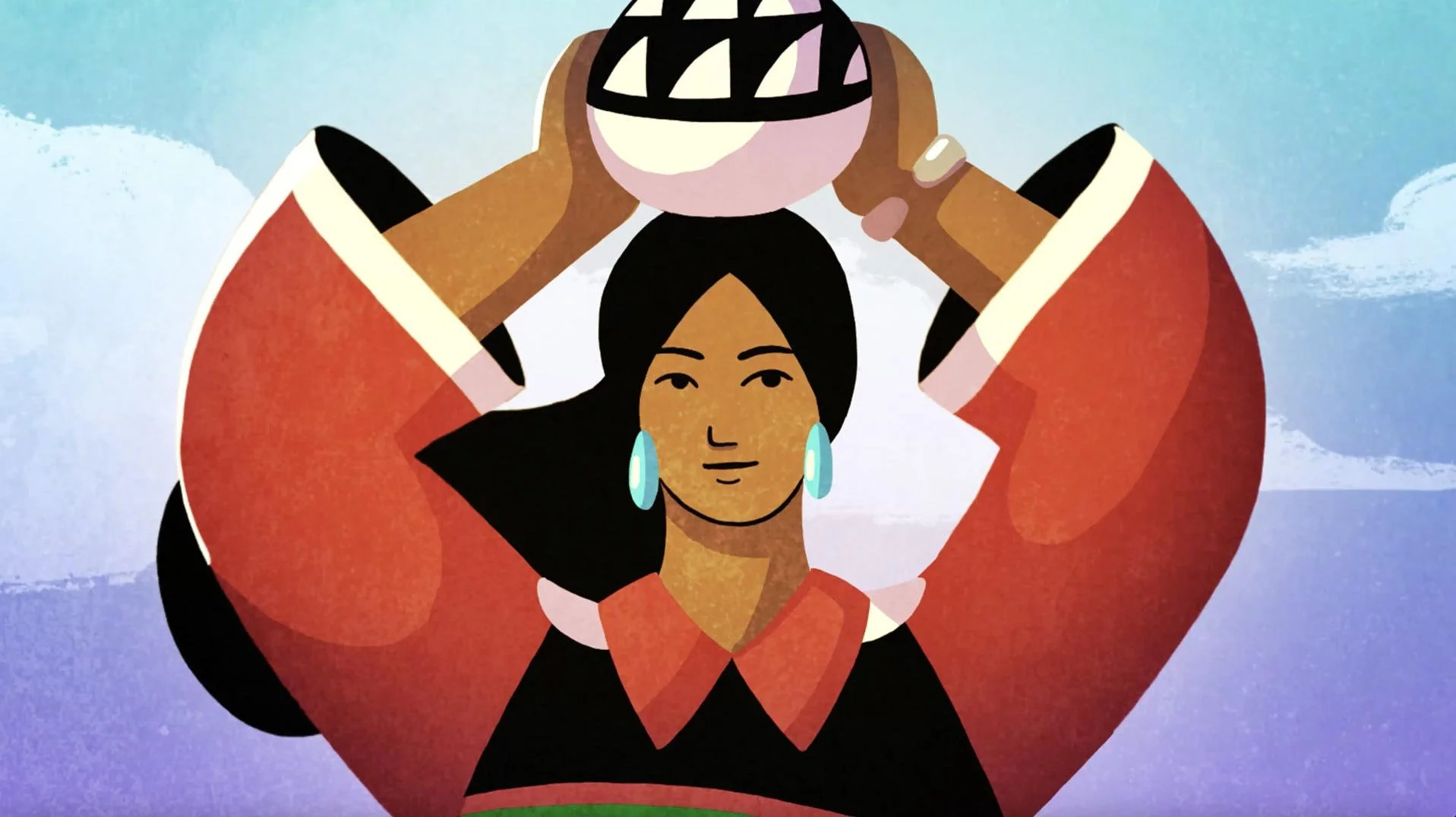 A woman lifts a patterned clay pot above her head — The Possibilities of Regeneration, Kiss the Ground.