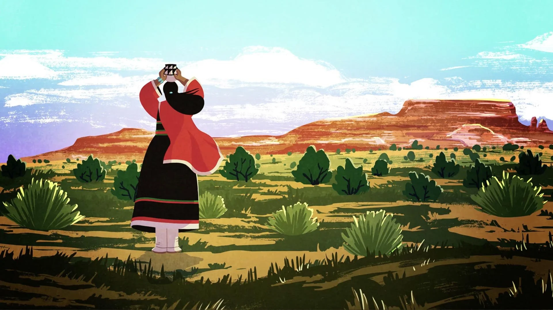 A woman in a red and black dress, seen from behind, looks out over desert grassland toward red mesas — The Possibilities of Regeneration, Kiss the Ground.