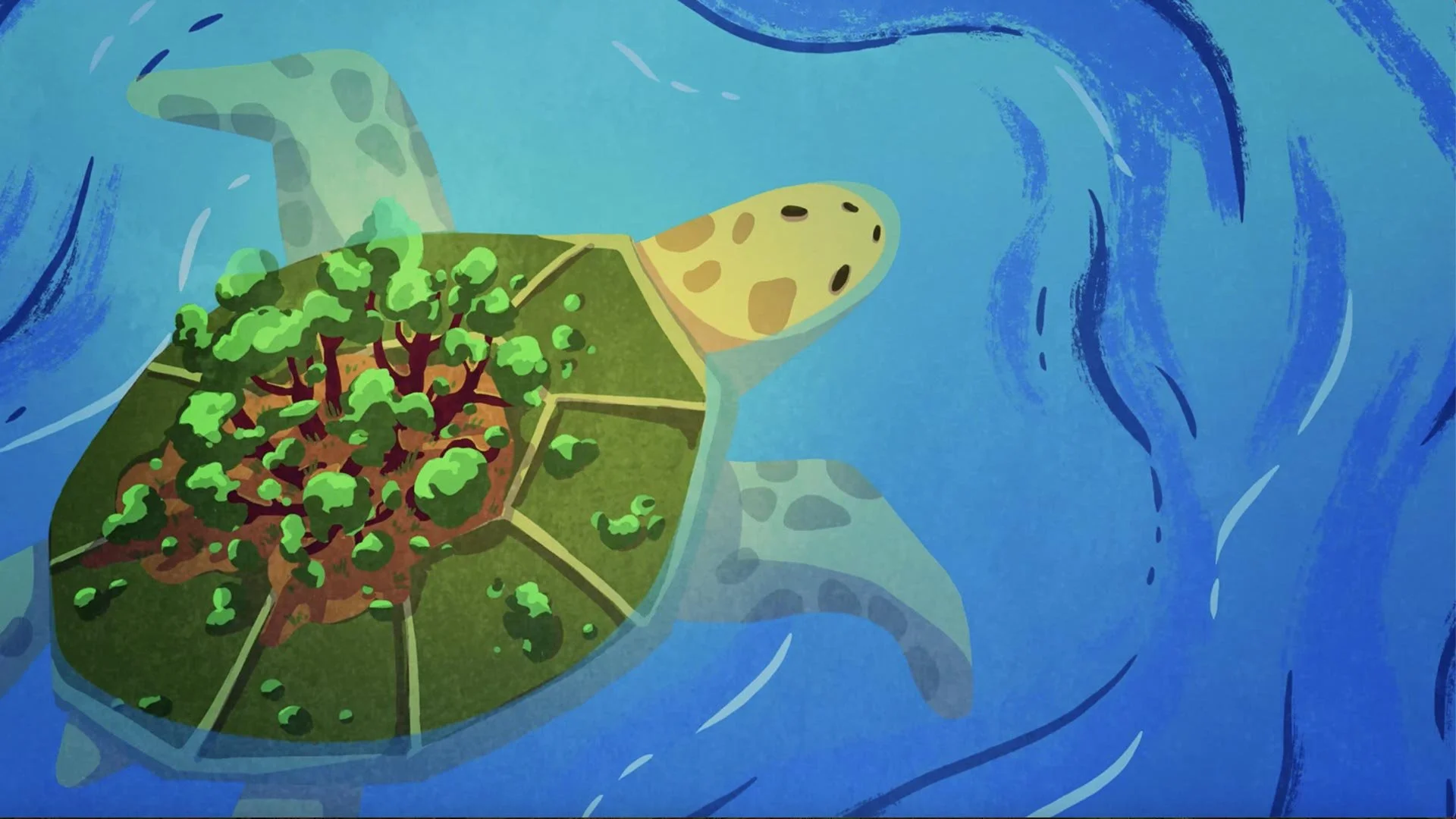 A sea turtle swims through blue water, a small forest of trees growing on its shell — The Possibilities of Regeneration, Kiss the Ground.
