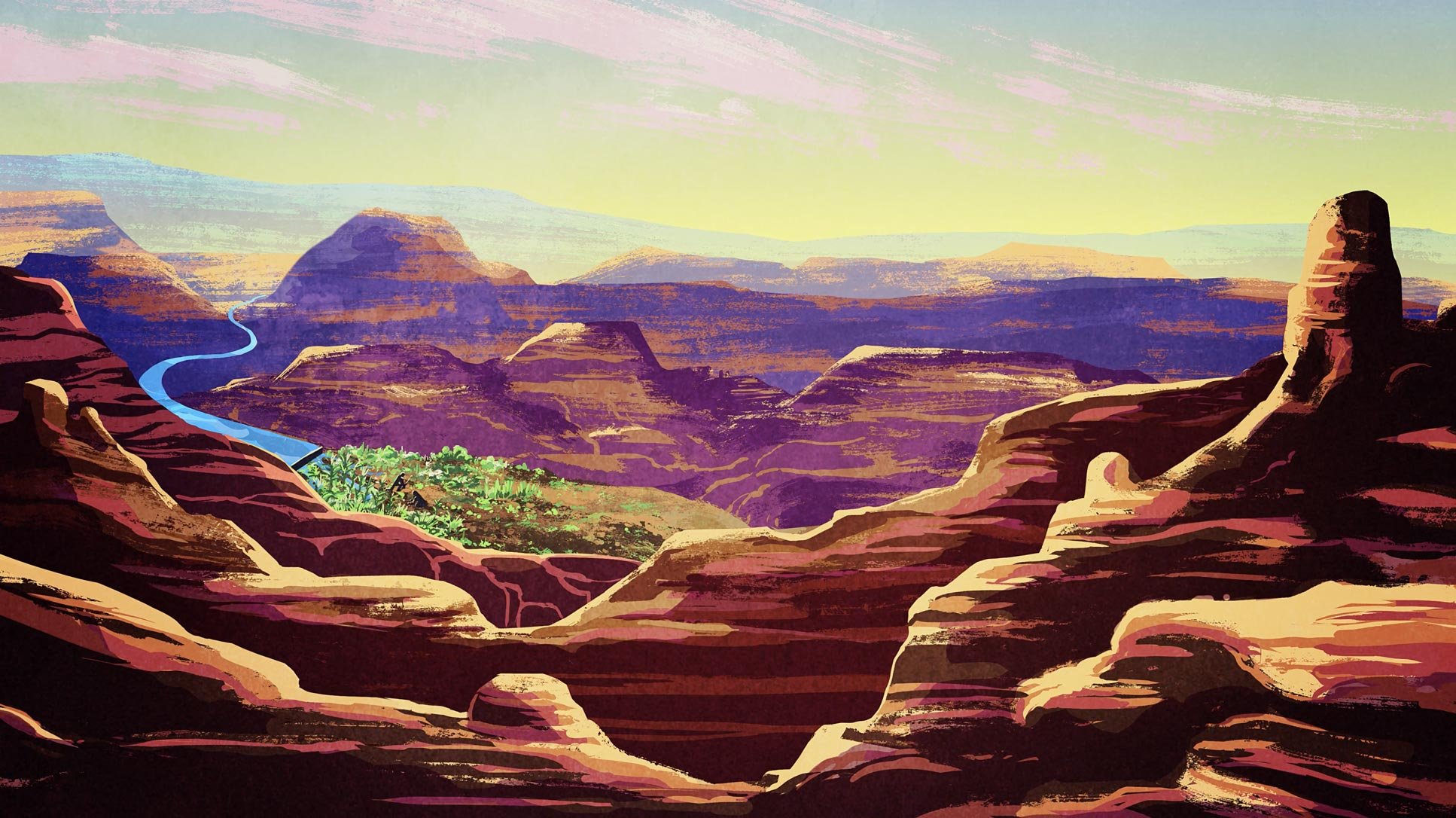 Morning light spreads across a red rock canyon with growing crops — The Possibilities of Regeneration, Kiss the Ground.