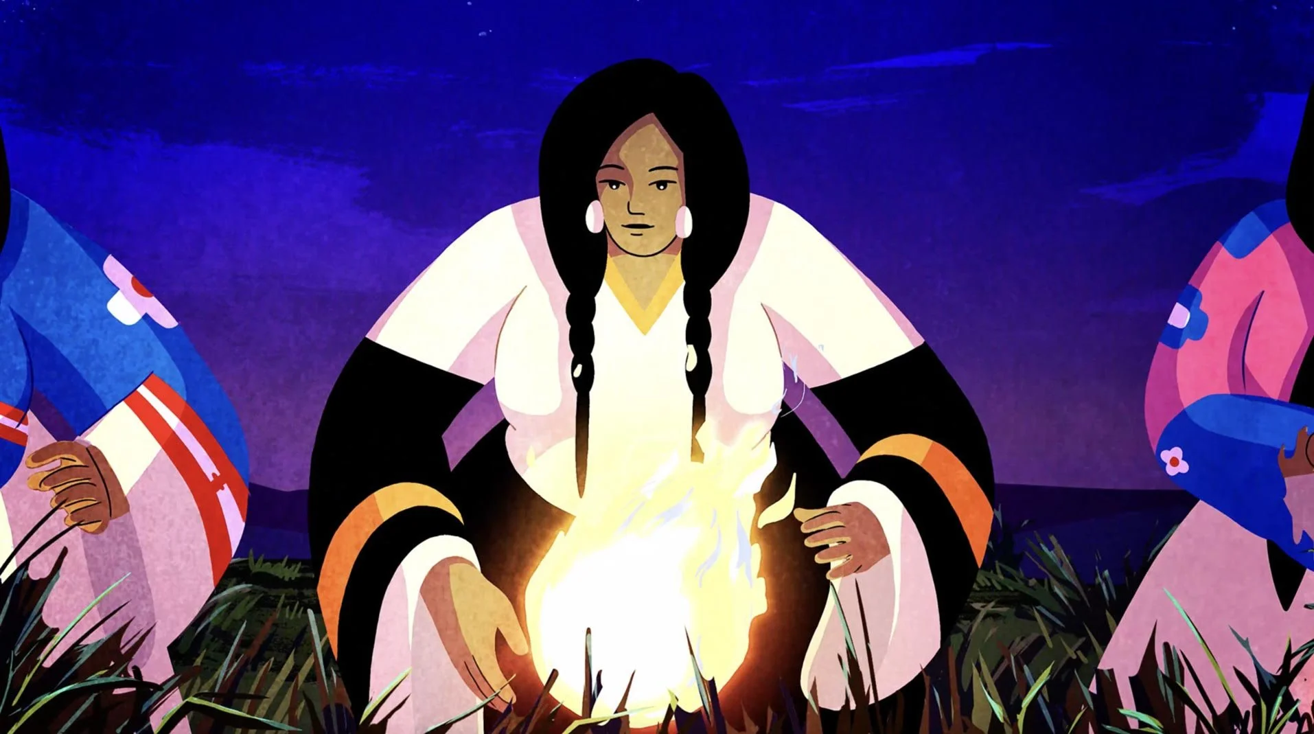 A woman with long braids kneels before a glowing fire at night — The Possibilities of Regeneration, Kiss the Ground.
