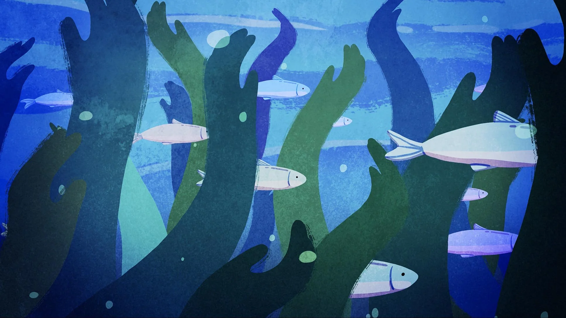Fish swim through a forest of kelp made of hands — The Possibilities of Regeneration, Kiss the Ground.