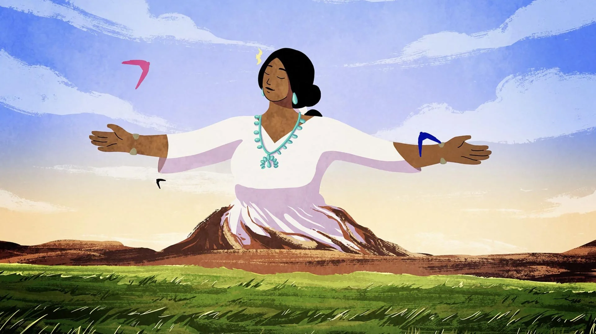Mother Earth, in a white dress and turquoise necklace, rises from a mesa with arms open wide — The Possibilities of Regeneration, Kiss the Ground.
