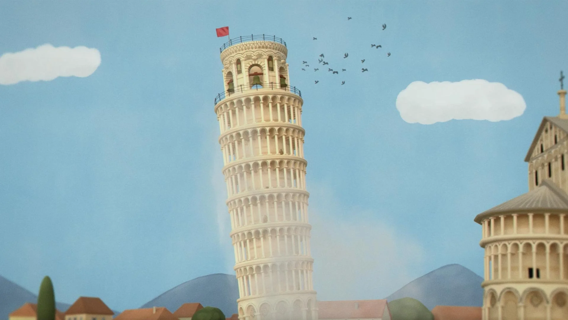 The Leaning Tower of Pisa tilts against a pale blue sky as birds circle its top — Craft Boss Italiano, Suntory.