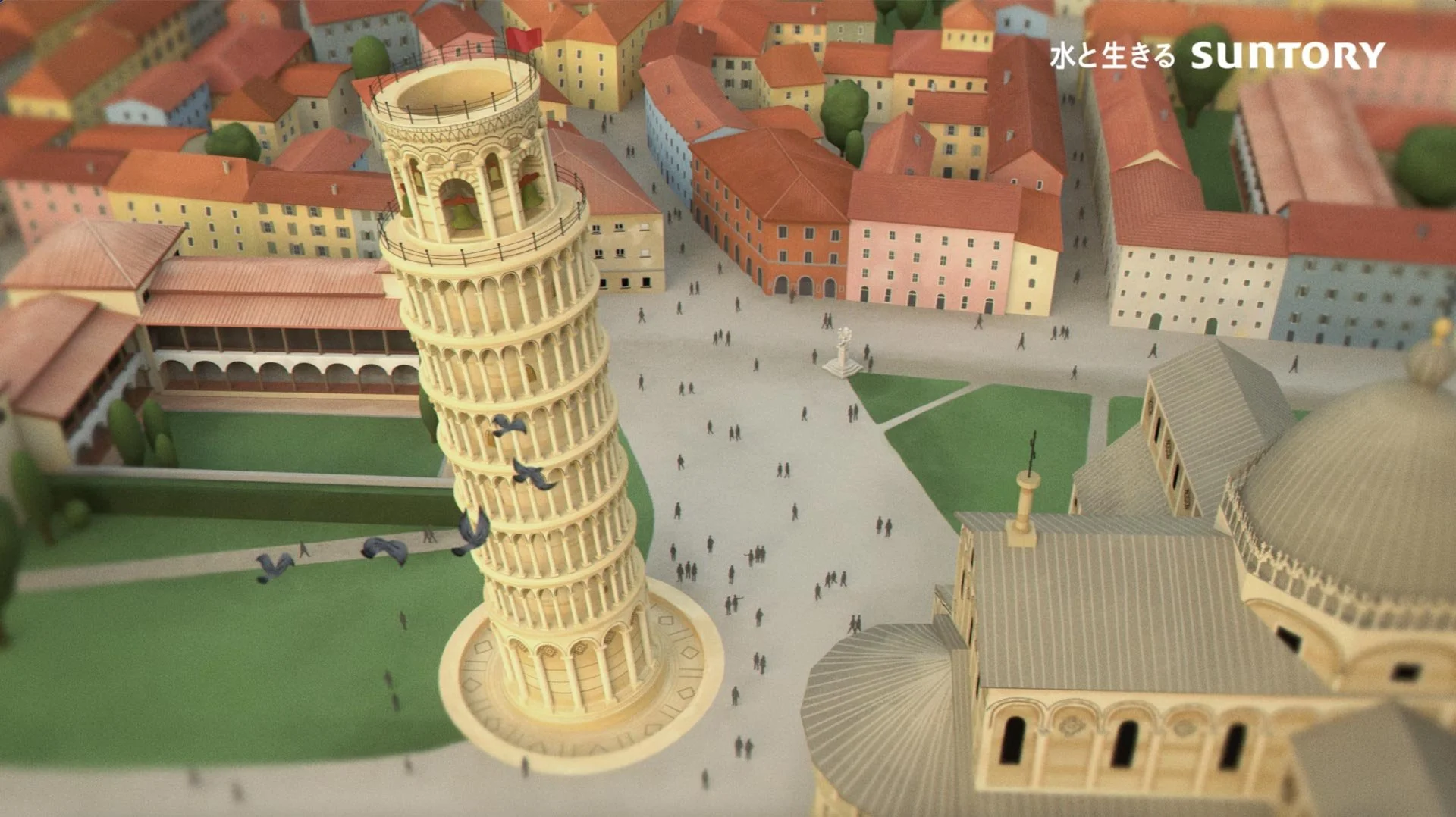 Seen from above, the Leaning Tower of Pisa rises over the crowds in the Piazza dei Miracoli — Craft Boss Italiano, Suntory.