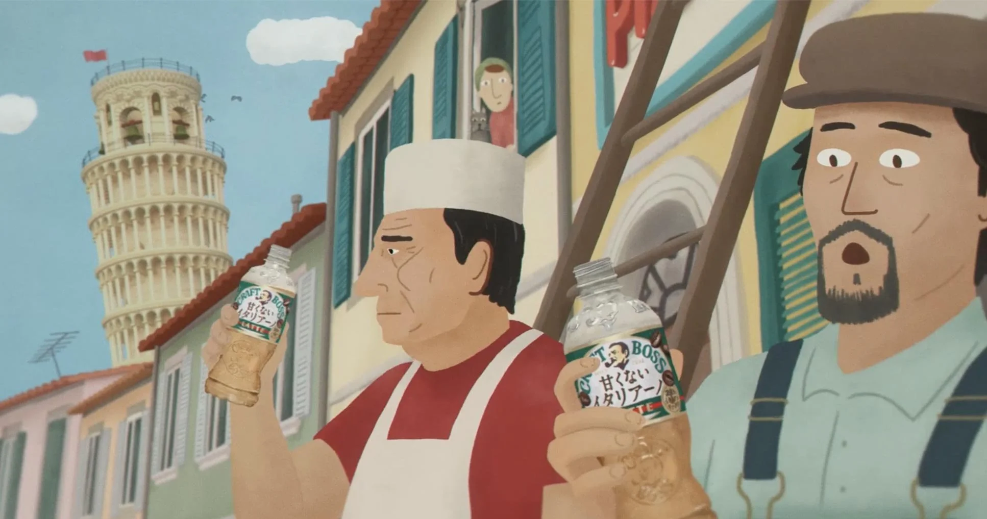 Tommy Lee Jones as Alien Jones, in a white cap and apron, holds up two bottles of Craft Boss outside his pizza shop — Craft Boss Italiano, Suntory.
