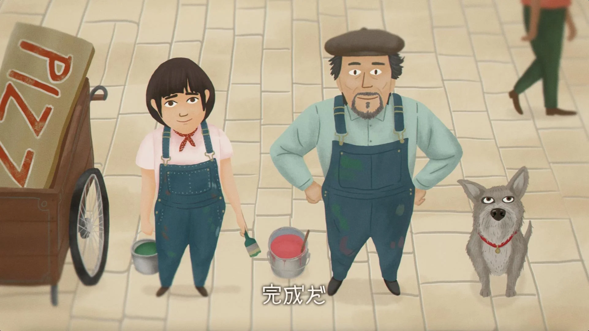 Two locals in overalls, one holding a paint can and brush, stand proudly with hands on hips beneath the caption "It's done!" — Craft Boss Italiano, Suntory.