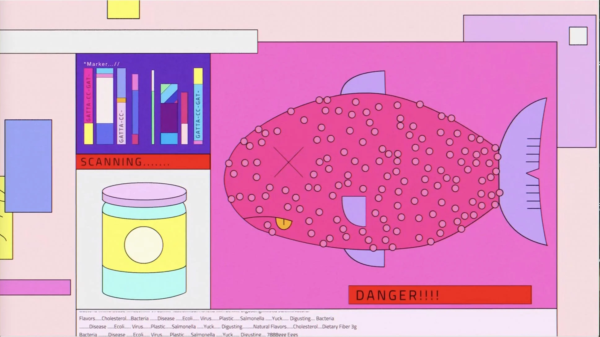 A food app scans a sick pink fish and flashes a "DANGER!!!!" warning — The Next Thing You Eat, Hulu.