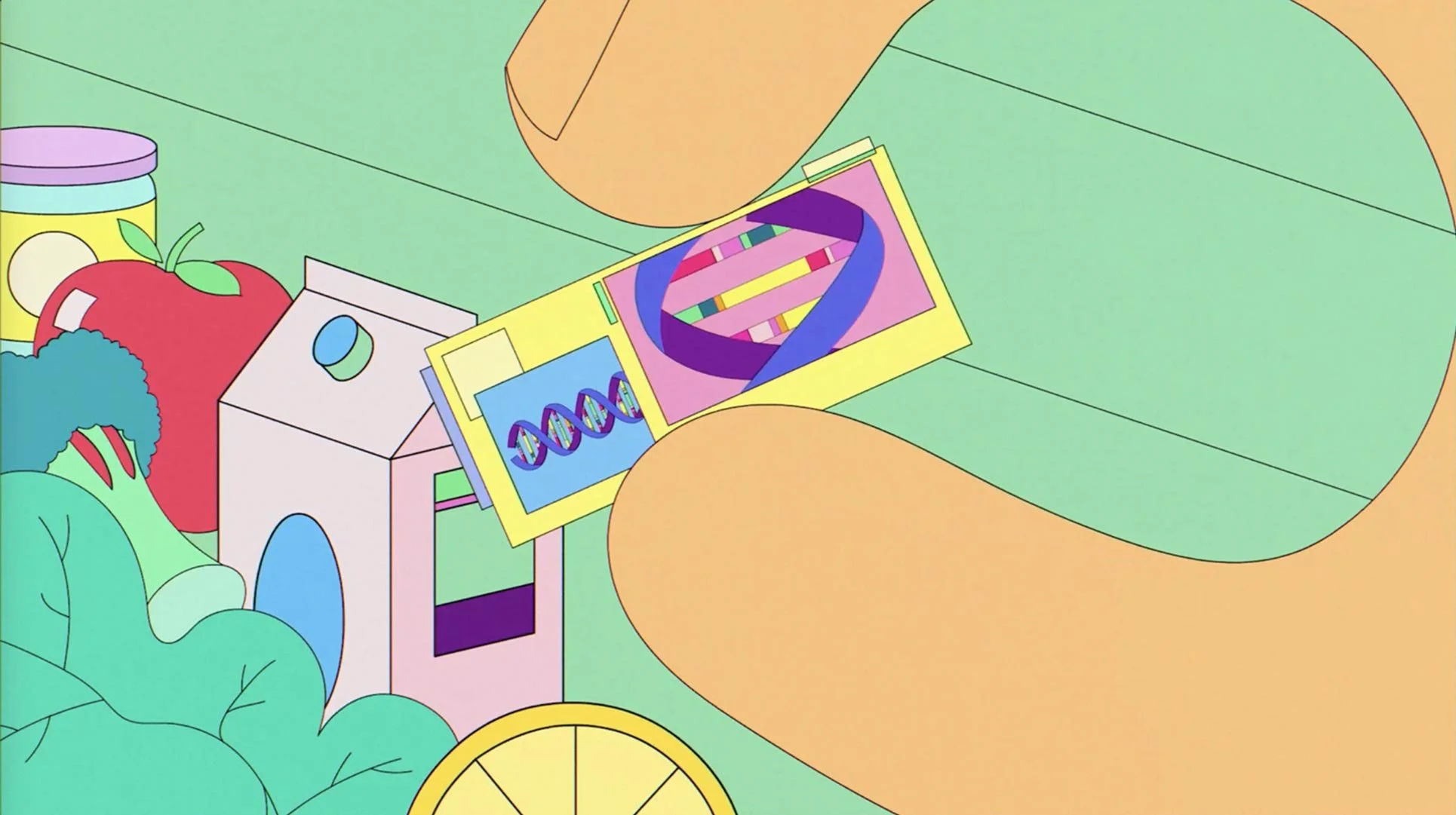 A shopper holds a small DNA scanner that reveals a food's ingredients, origins and modifications — The Next Thing You Eat, Hulu.