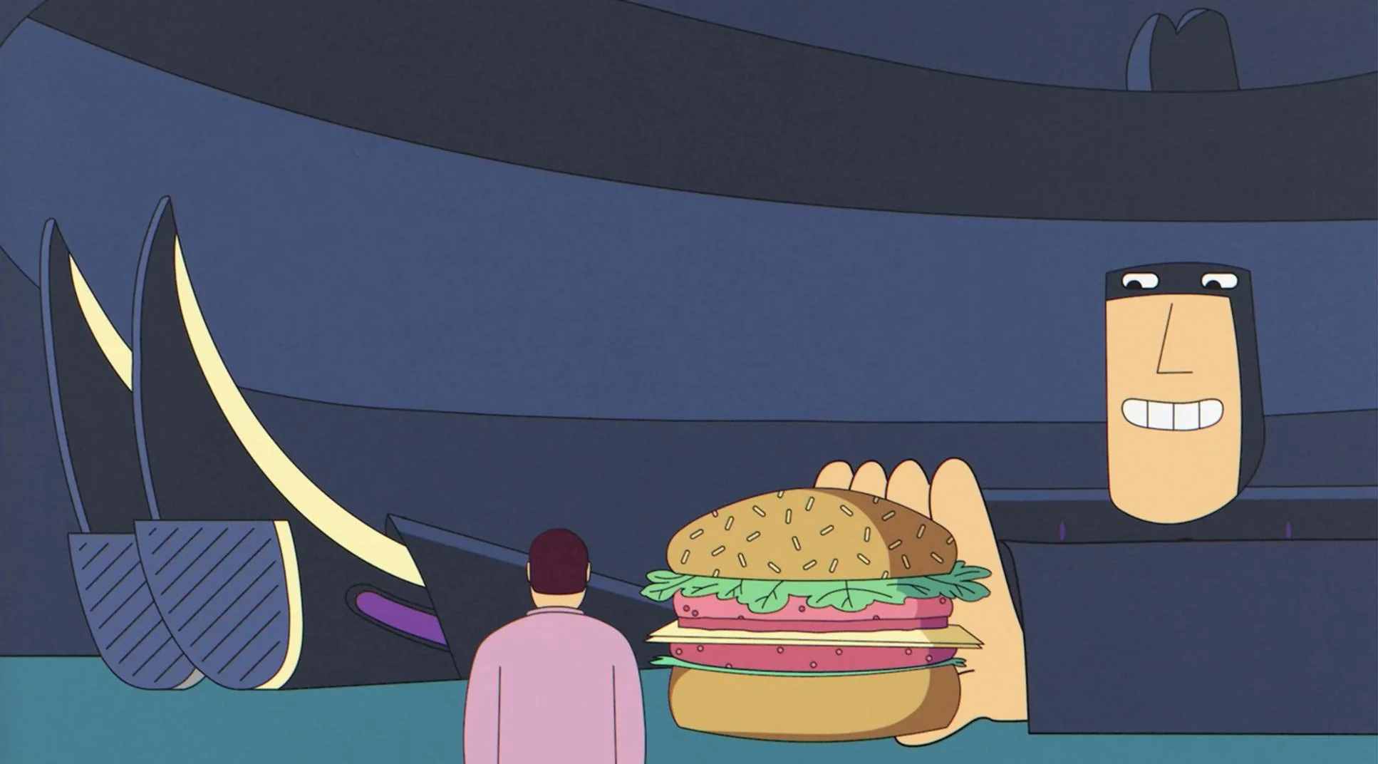 A giant cowboy pushes a burger toward a tiny David — The Next Thing You Eat, Hulu.