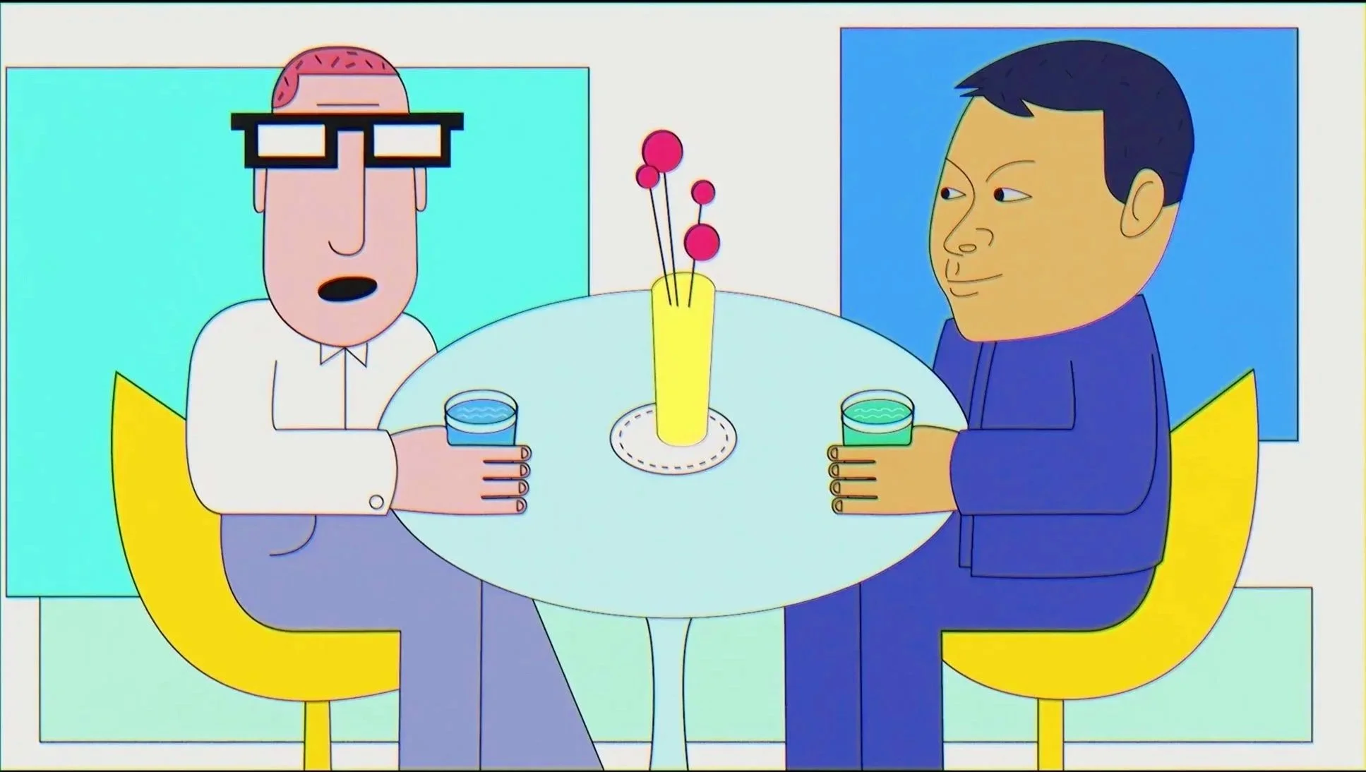 David Chang sits across a café table from a NASA engineer who says he can program David's intuition — The Next Thing You Eat, Hulu.
