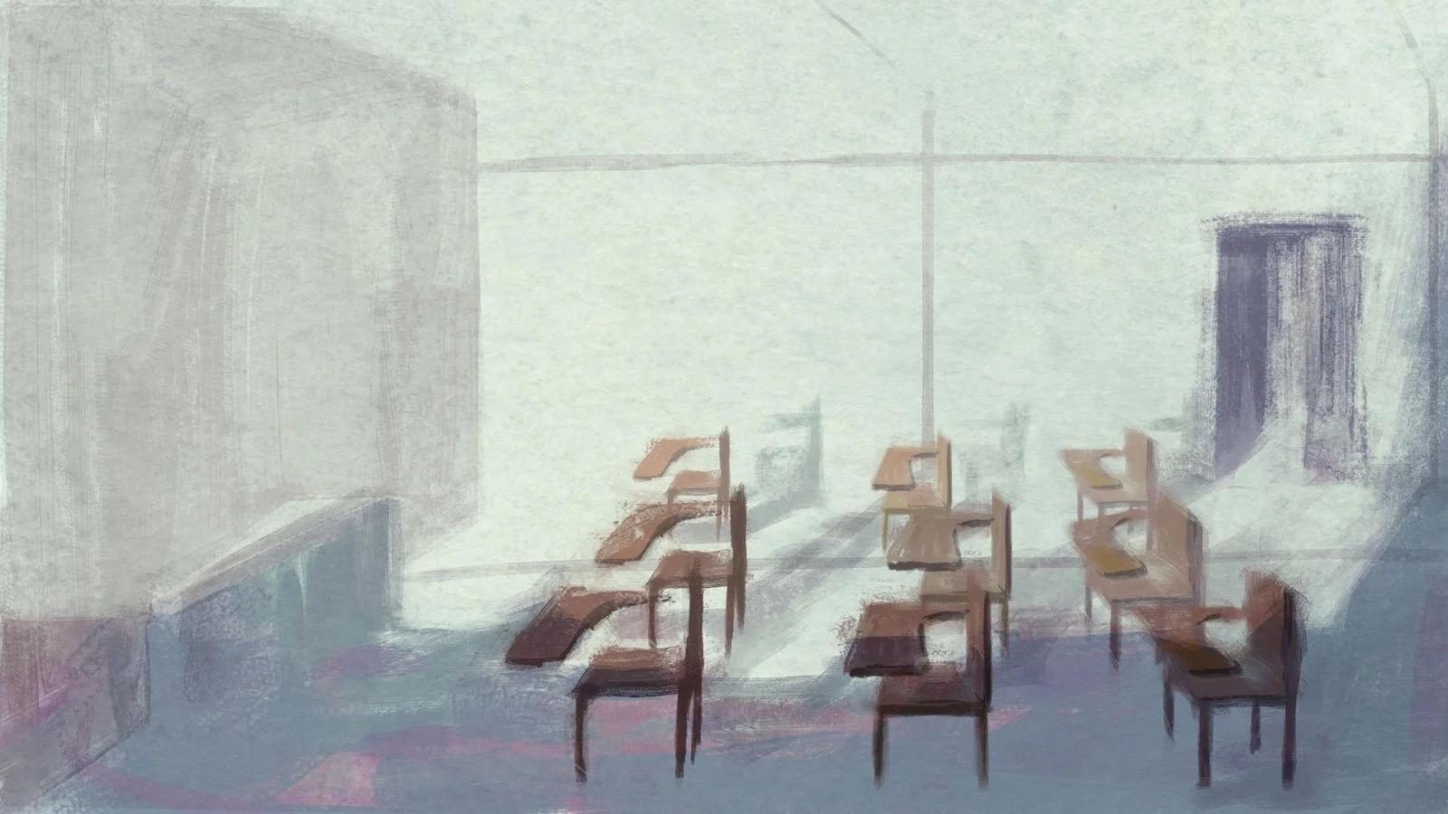 Empty wooden desks fill a pale, sunlit classroom at Ziauddin's school — He Named Me Malala.