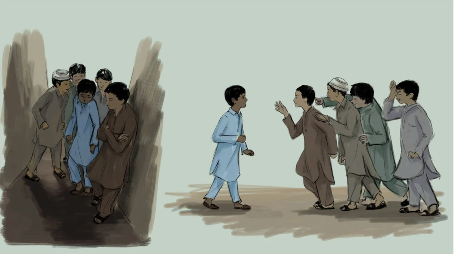 A young Ziauddin Yousafzai, Malala's father, stutters as a group of boys bully him at school — He Named Me Malala.