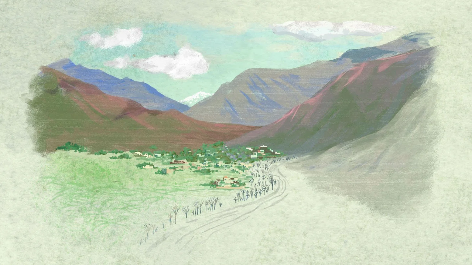 A color sketch of the Swat Valley, a village nestled among green fields beneath the mountains — He Named Me Malala.