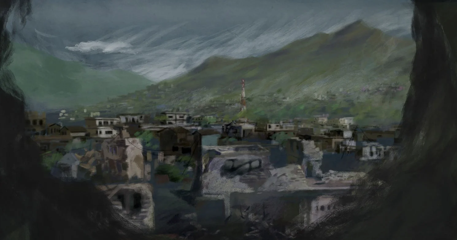 Seen through the hole in the wall, their town lies in ruins beneath the mountains — He Named Me Malala.