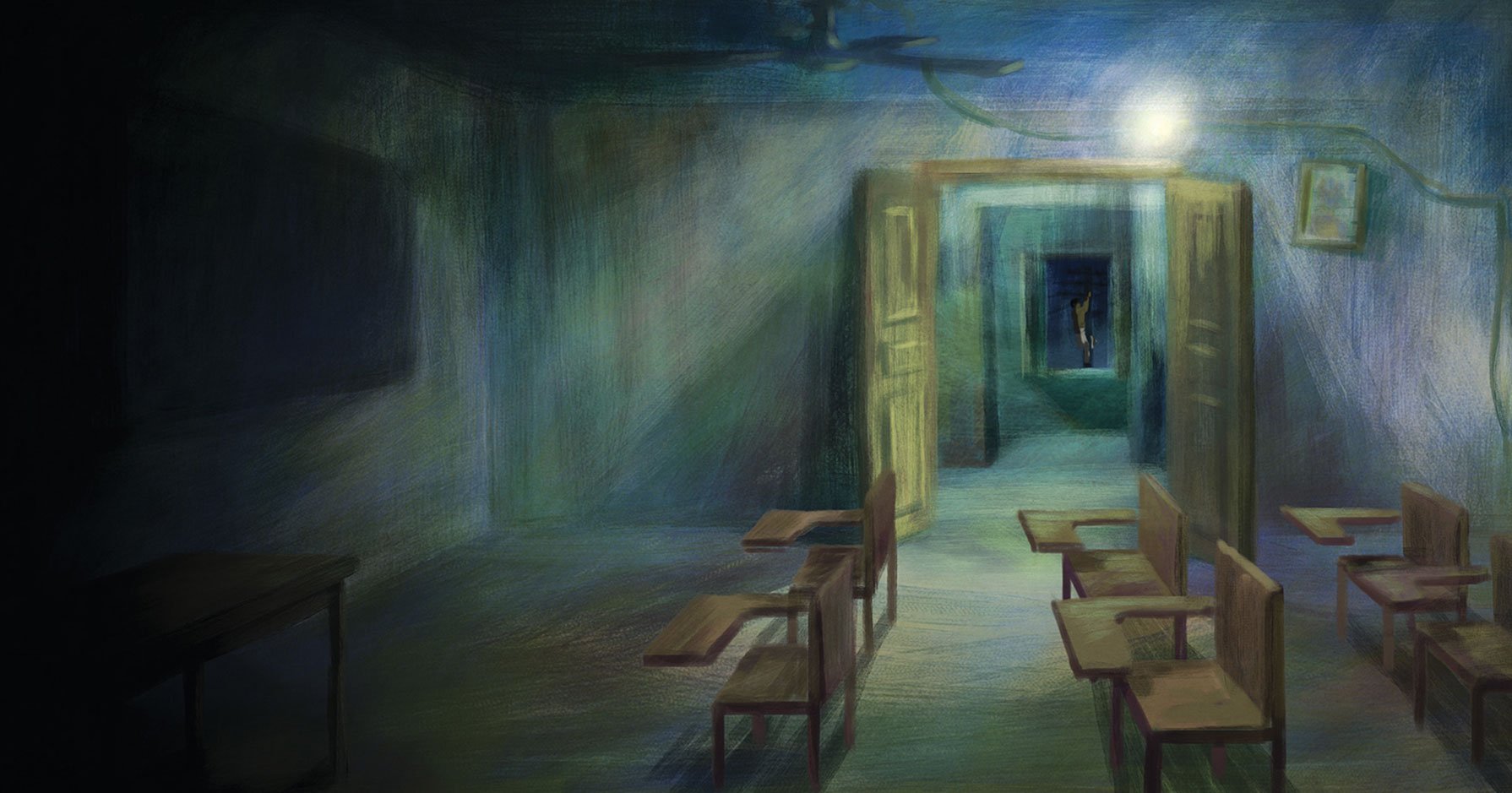 Ziauddin's classroom at night, lit from outside as he works on the electricity on the pole beyond the window — He Named Me Malala.