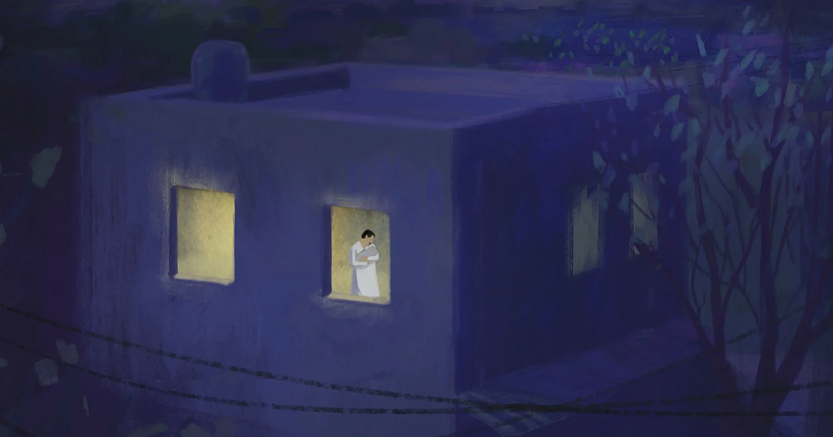 Ziauddin holds baby Malala in the lit window of their home at night — He Named Me Malala.