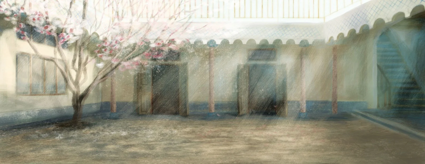 The pale interior courtyard of Ziauddin's school, a blossoming tree beside its arches — He Named Me Malala.