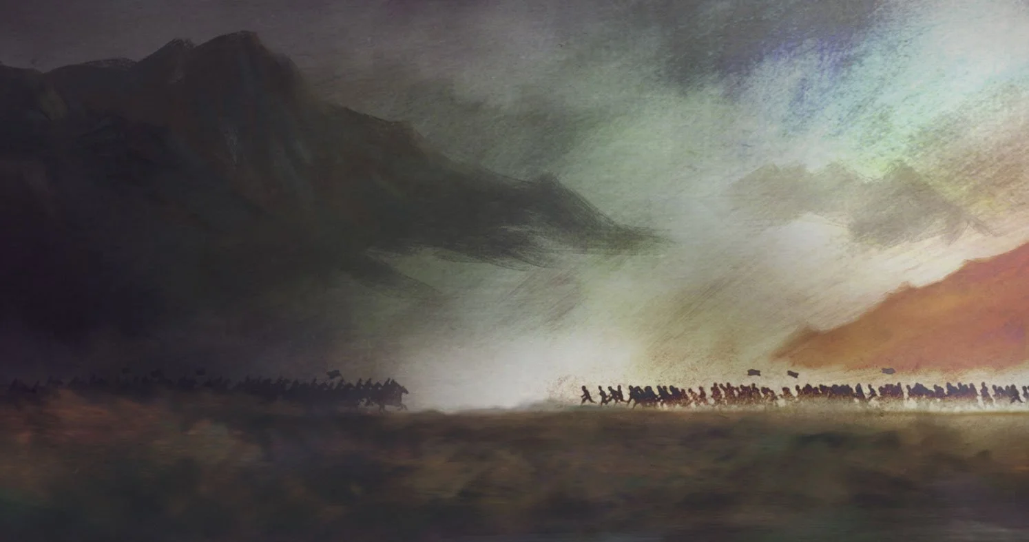 The two armies move toward each other across a dusty plain beneath storm clouds at the Battle of Maiwand — He Named Me Malala.