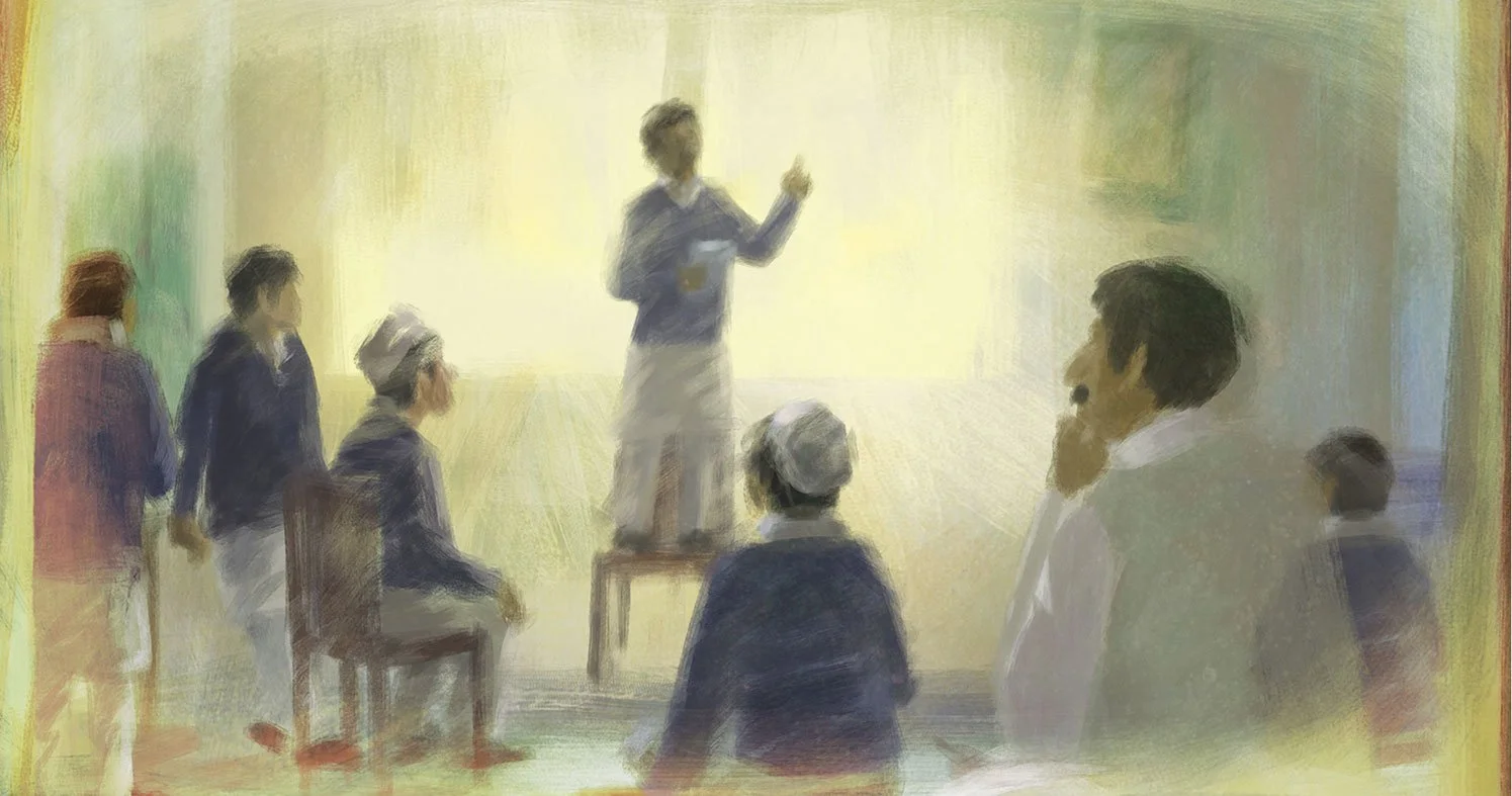 A child stands on a chair to speak as classmates and Ziauddin listen, learning to find their voice — He Named Me Malala.