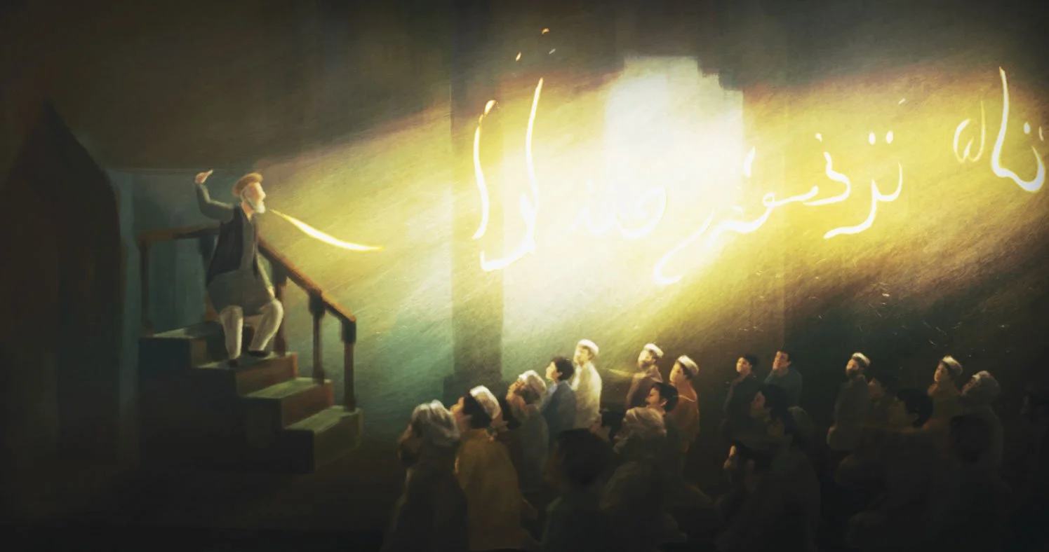 Ziauddin's father, a preacher, delivers a fiery sermon in the mosque as light bursts above the crowd — He Named Me Malala.