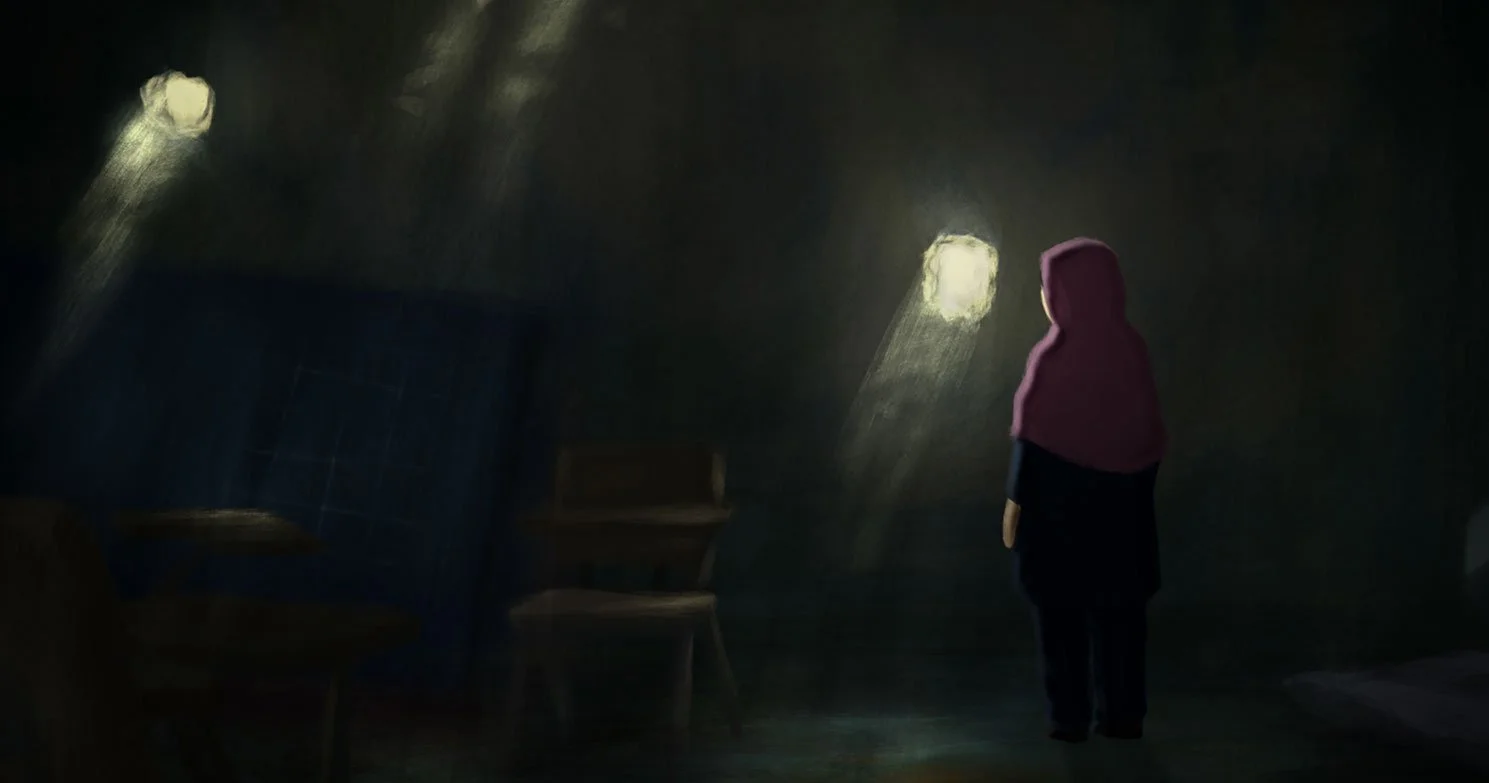 Malala looks out through a hole blasted in the wall by an artillery shell, light pouring in — He Named Me Malala.