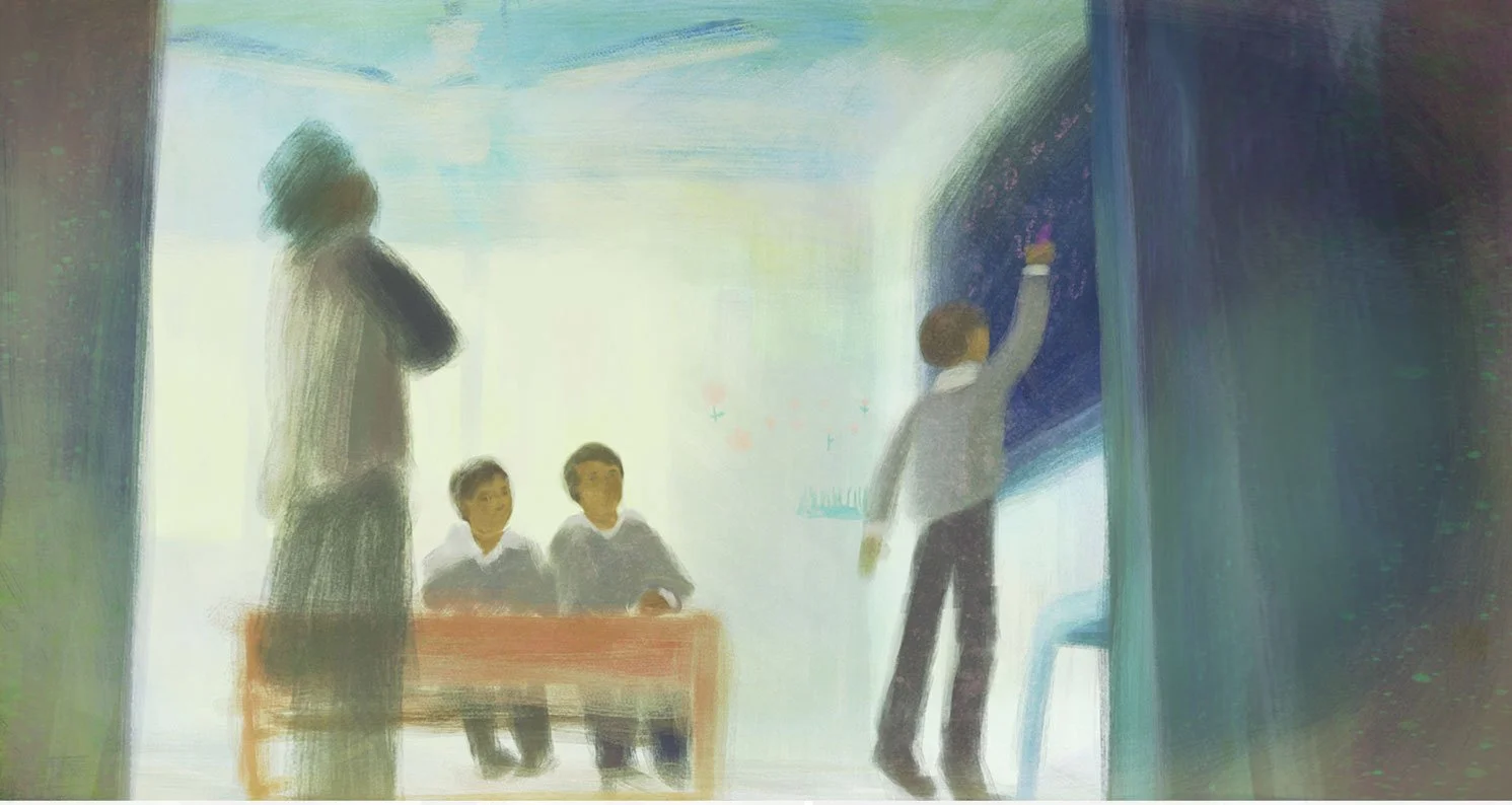 Children learn in Ziauddin's school as a boy writes on the board — He Named Me Malala.