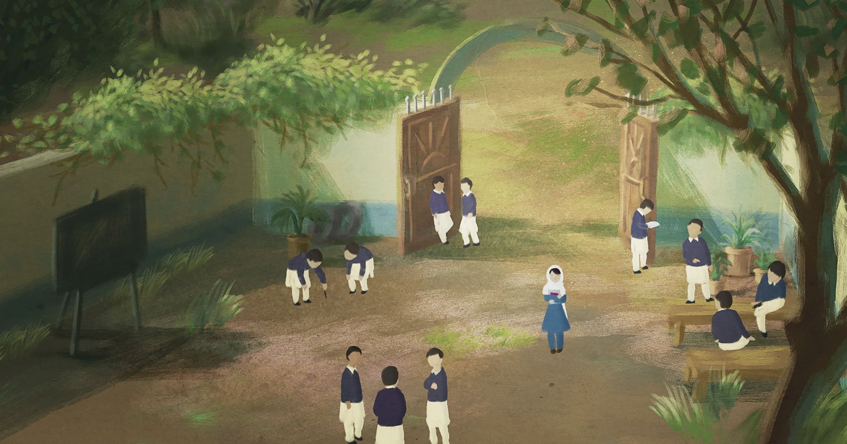 On her first and only day of school, Malala's mother as a young girl stands among the boys in a sunny schoolyard — He Named Me Malala.