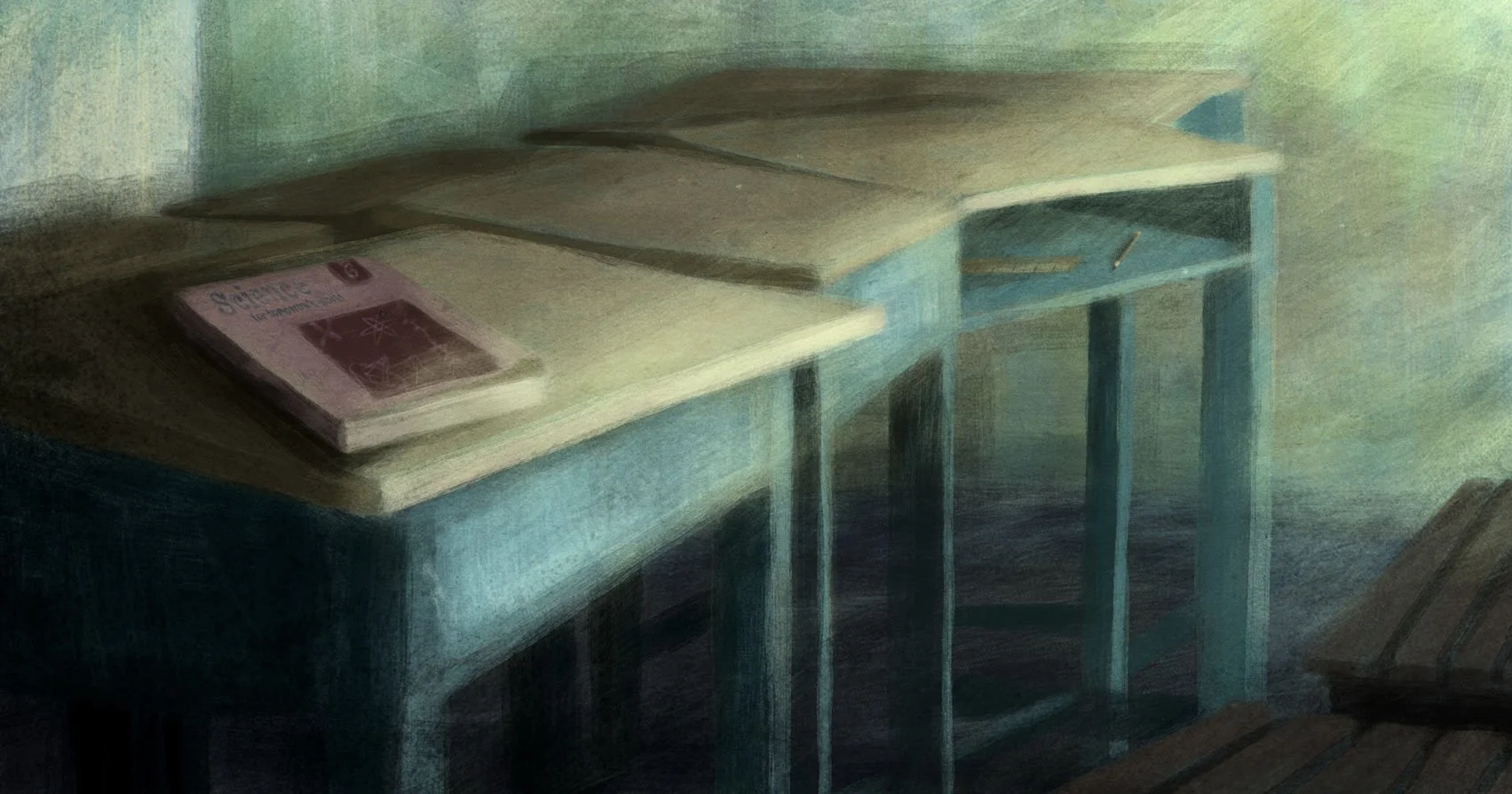 Empty desks sit in the dark after the school was closed — He Named Me Malala.