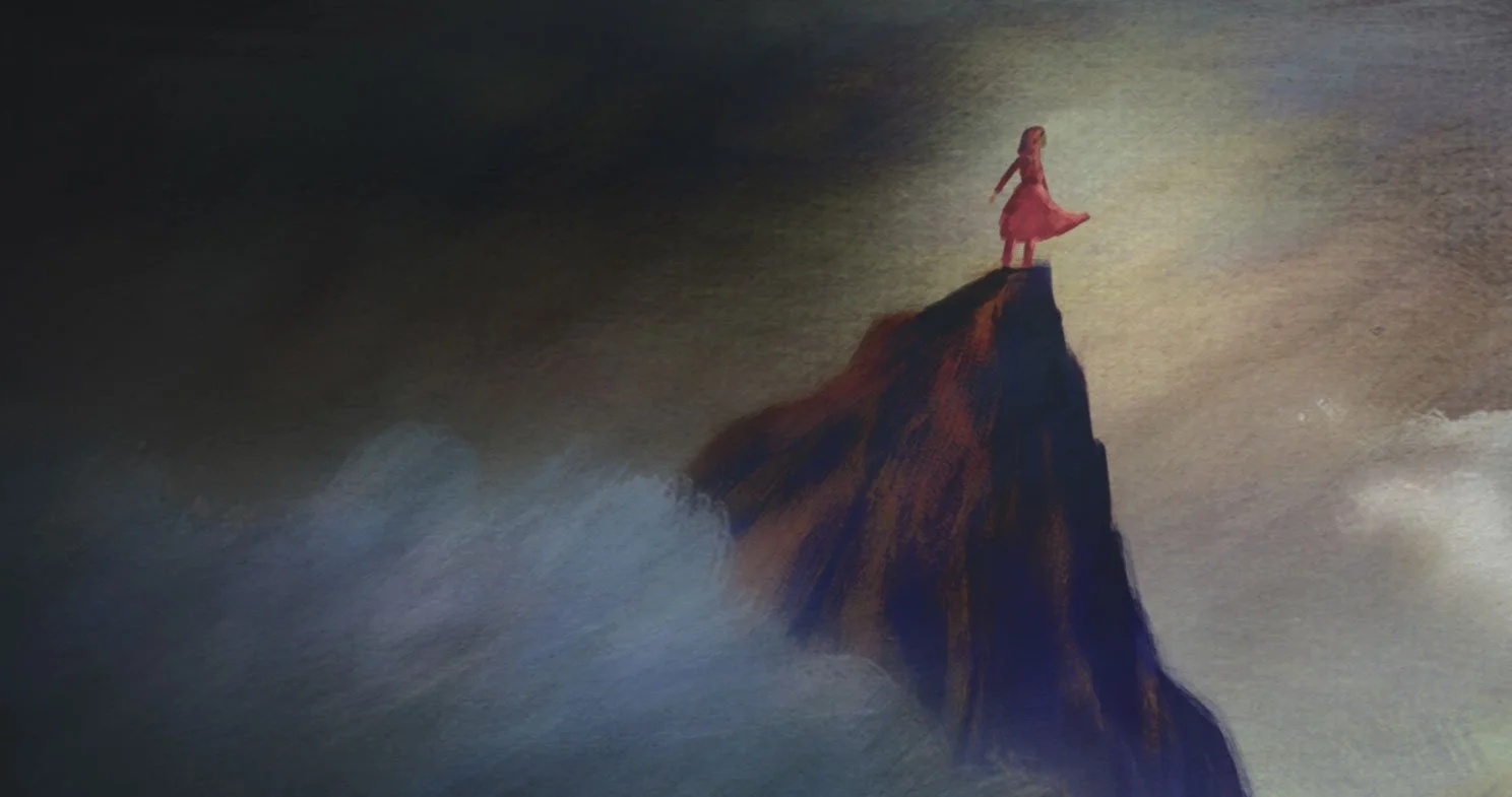 Malalai of Maiwand, in red, stands on a mountaintop to speak to the soldiers below — He Named Me Malala.