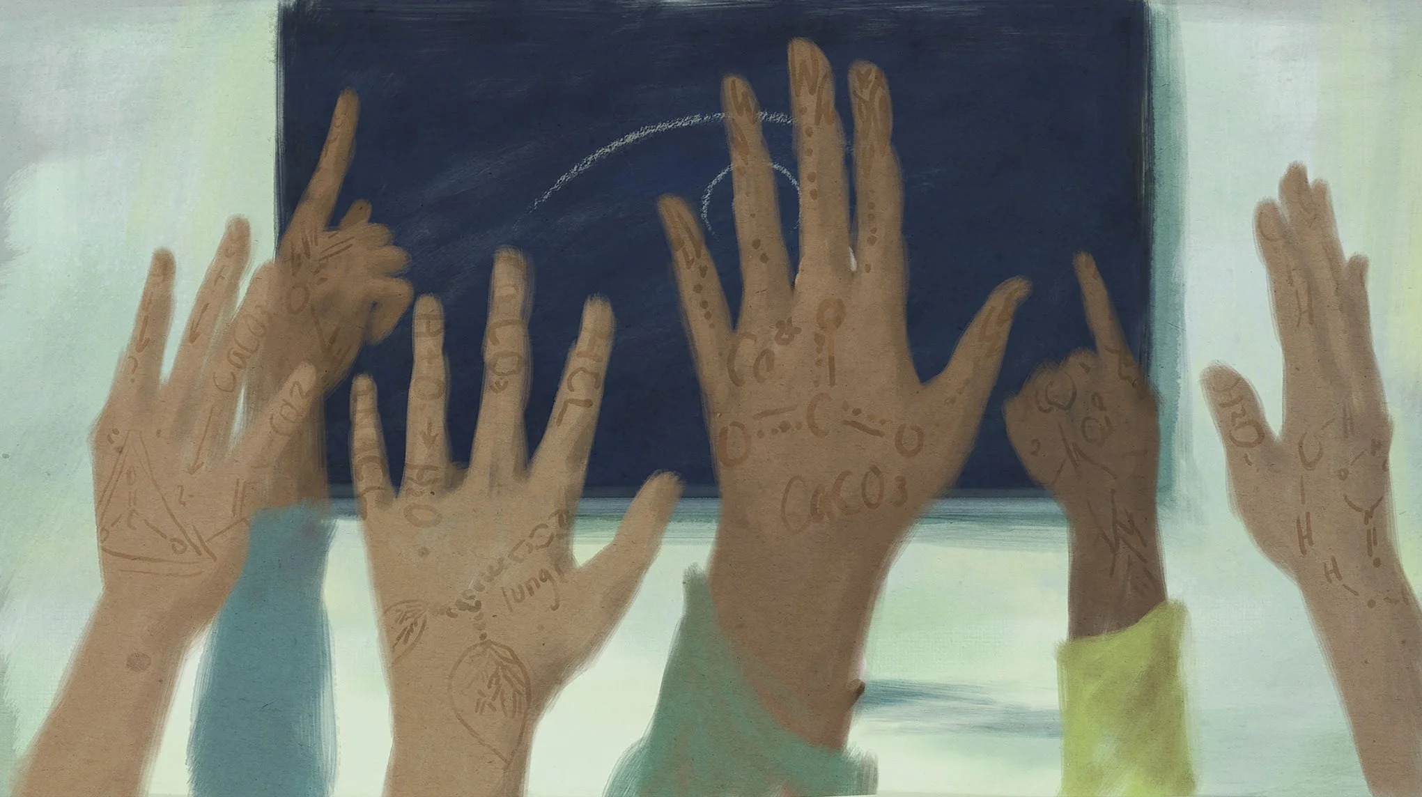 Young girls' hands, patterned with henna, rise to answer a question — He Named Me Malala.