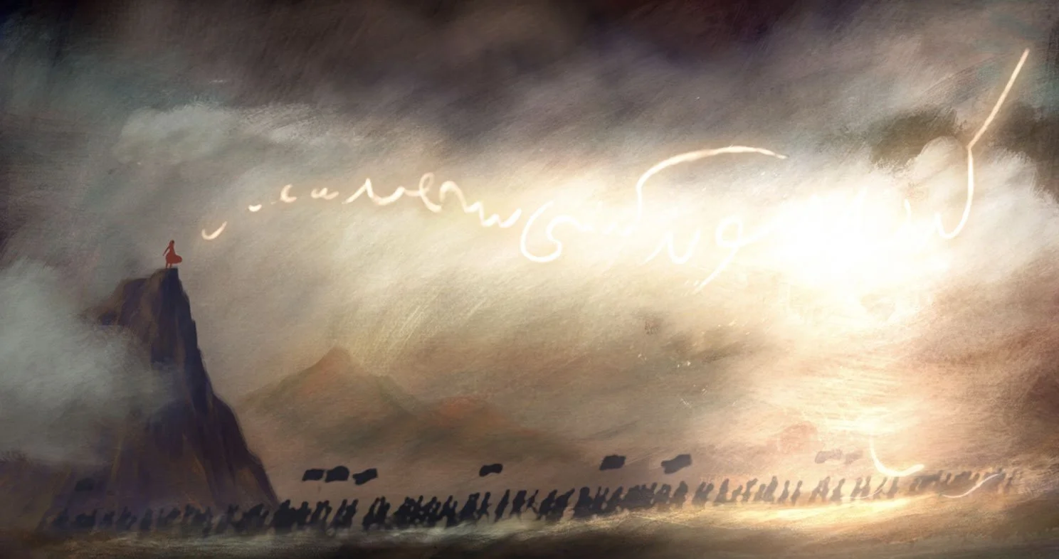 Malalai's words turn to flowing script of light across the sky, inspiring the soldiers below — He Named Me Malala.