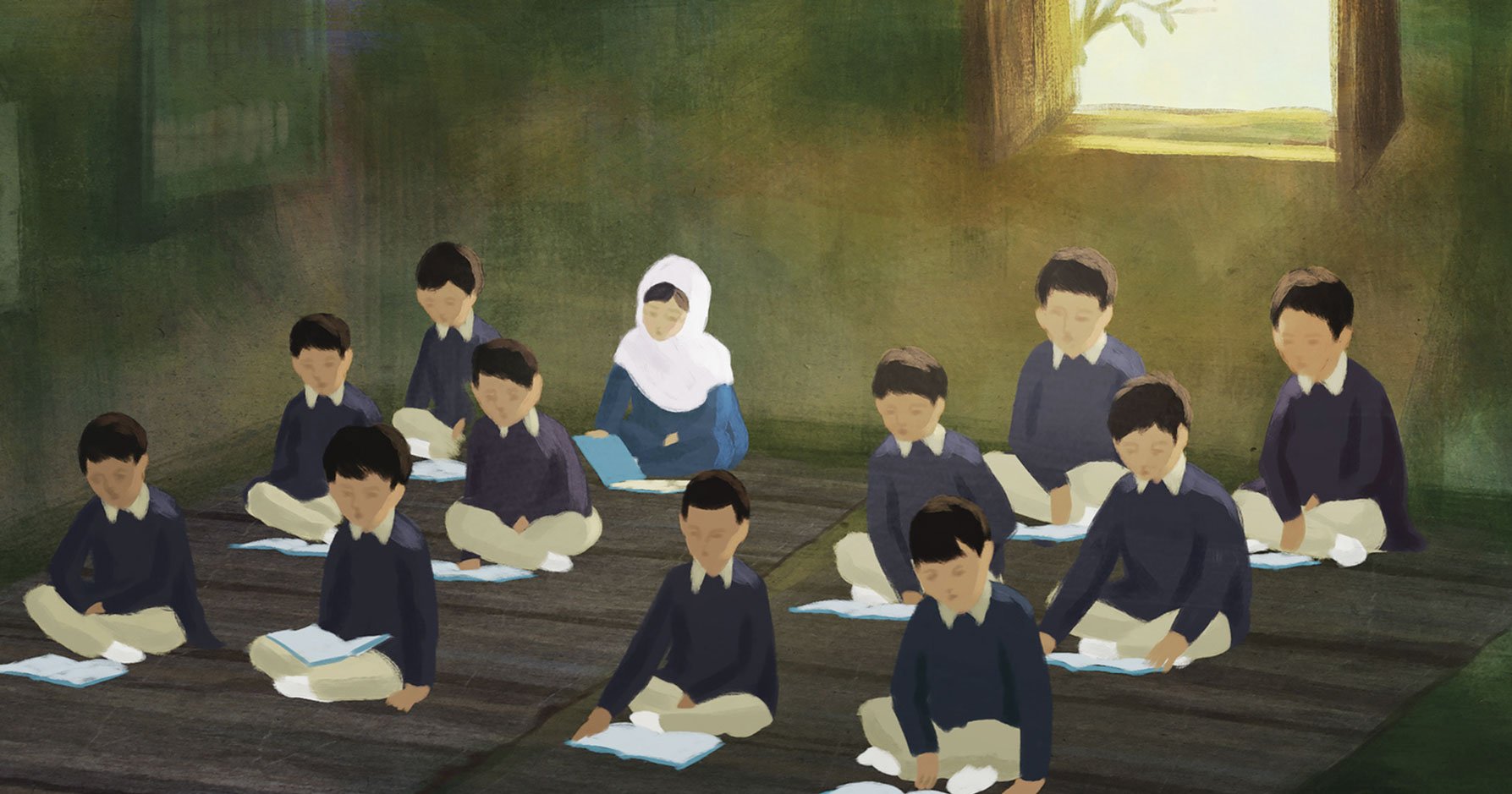 In a white headscarf, Malala's mother sits among the boys at their lessons on her only day of school — He Named Me Malala.