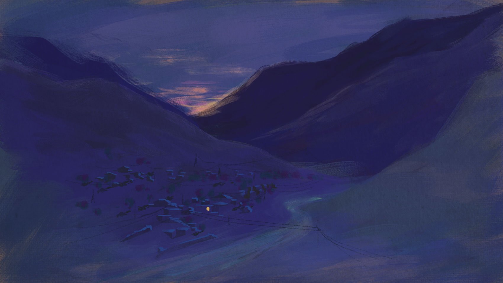 The sun sets over the Swat Valley as a single light glows among the village houses in the blue dusk — He Named Me Malala.