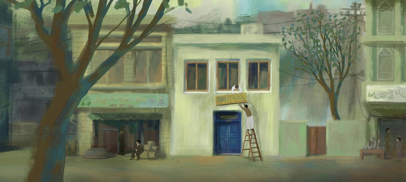 Ziauddin's school, ready to open, as its sign goes up above the blue door — He Named Me Malala.
