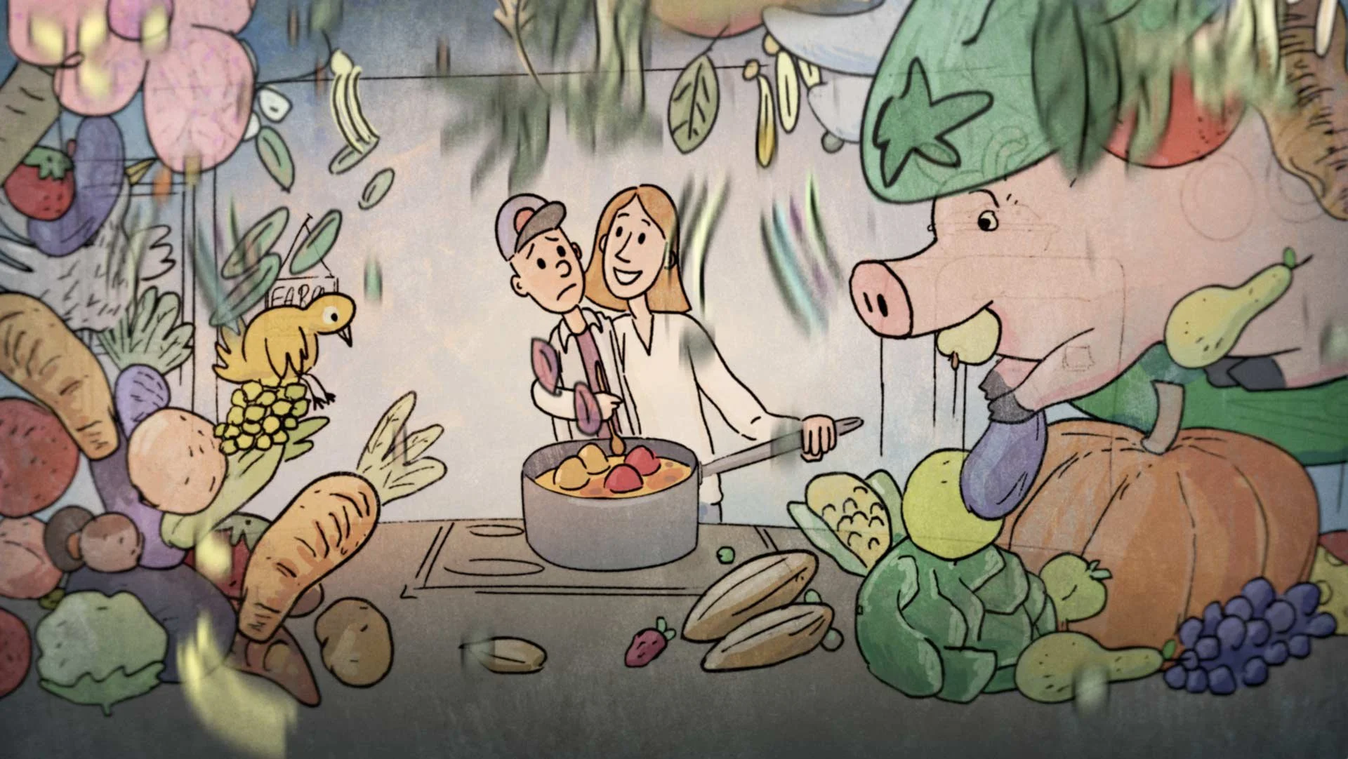 Molly cooks a pot of vegetables, and consoles John, as a pig and fresh produce surround them — The Biggest Little Farm, Neon.
