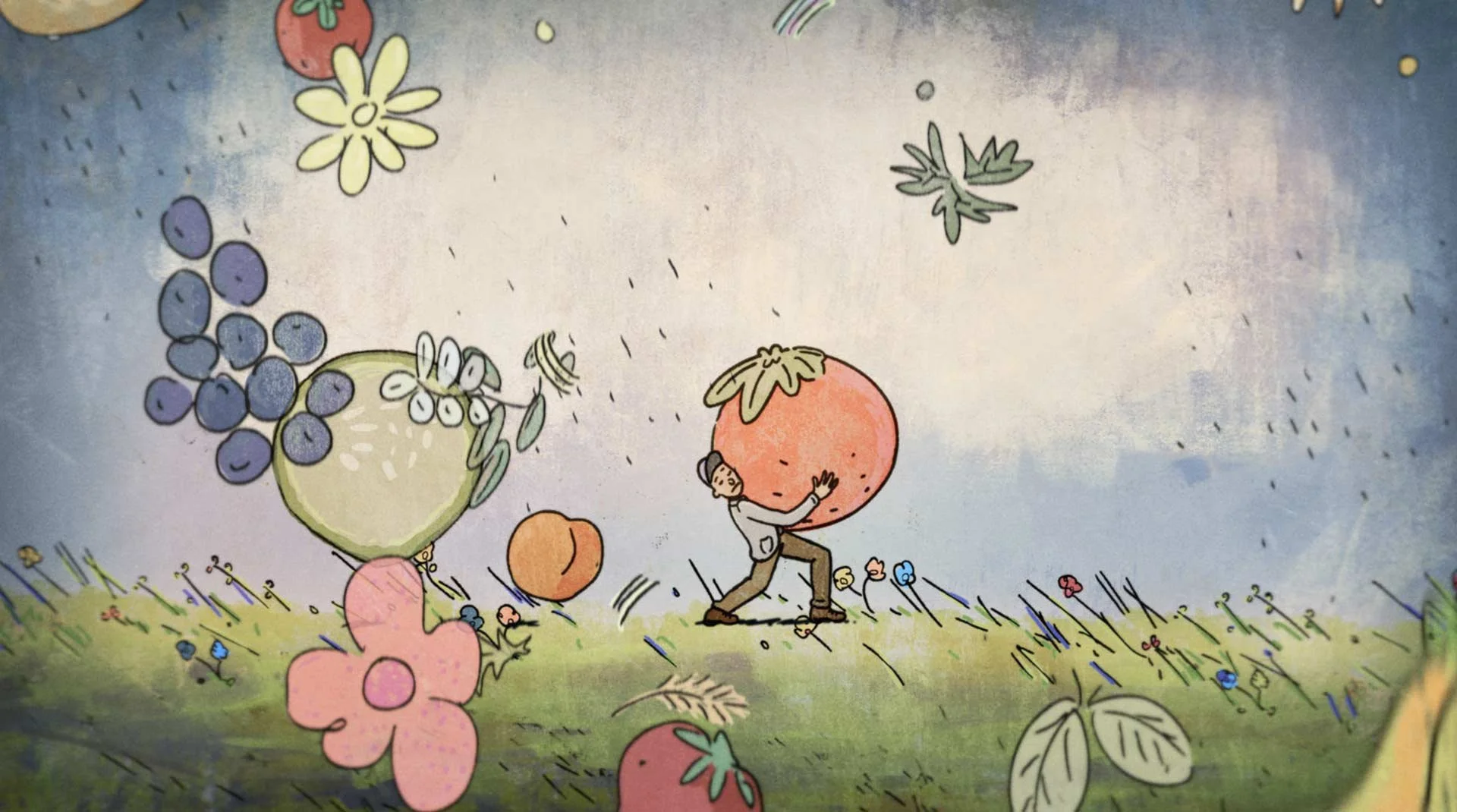 John carries a giant tomato across a field of flowers — The Biggest Little Farm, Neon.