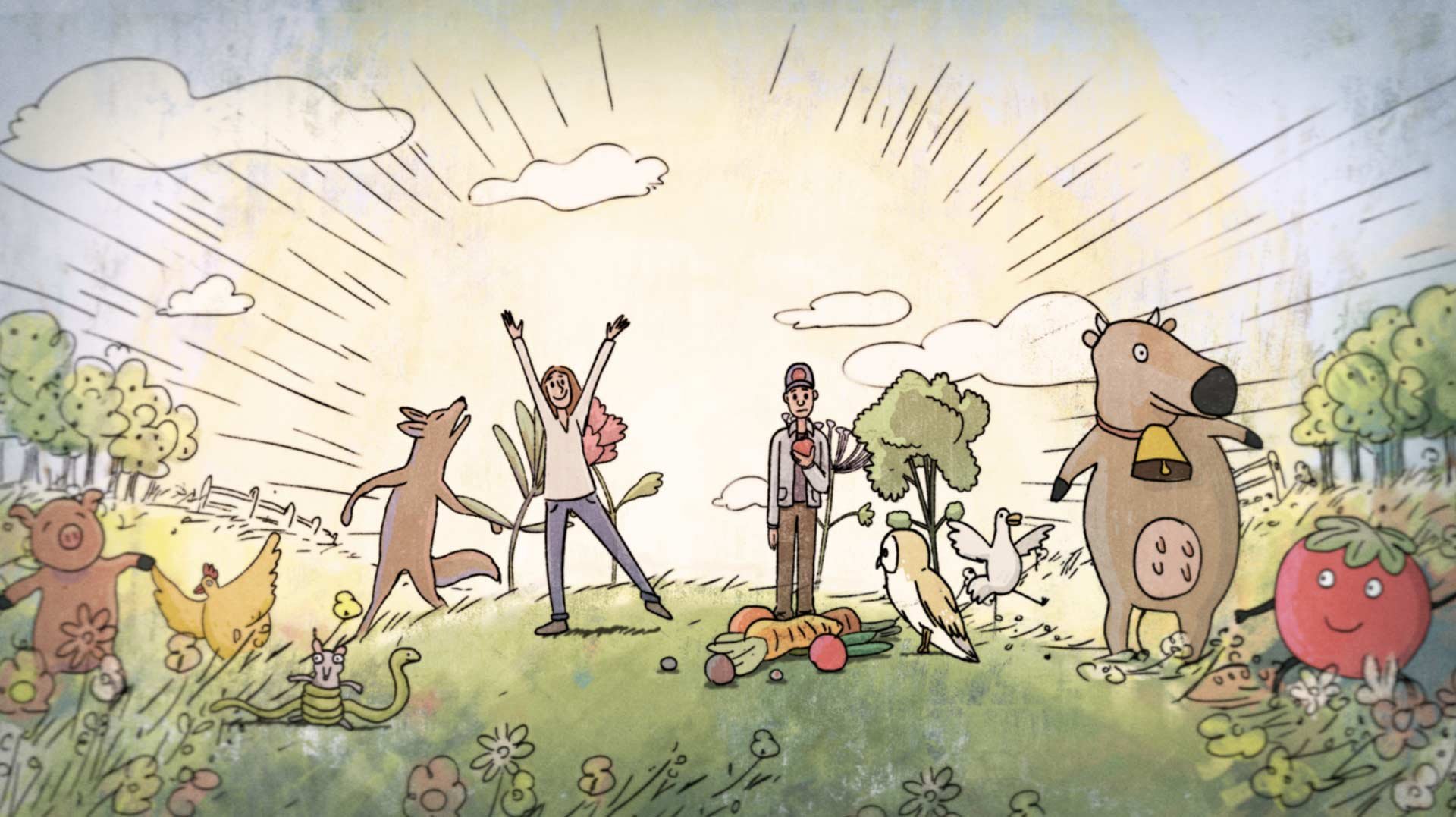 Molly celebrates in their field, arms raised, surrounded by animals as John looks concerned — The Biggest Little Farm, Neon.