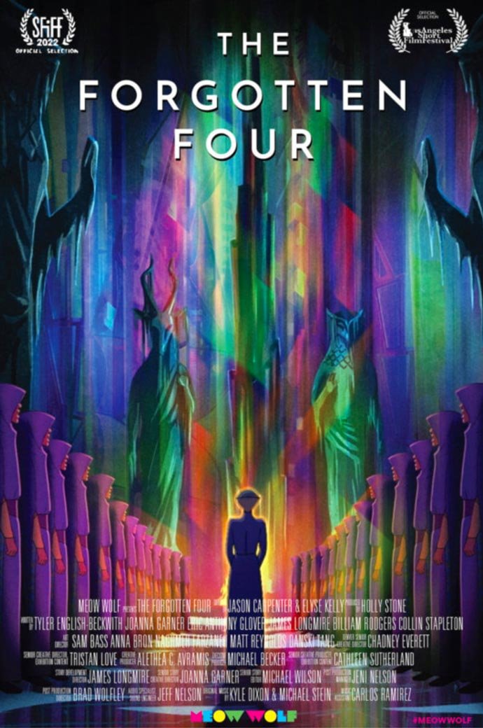 Poster for The Forgotten Four: Araceli, Panoa's daughter, walks toward a ceremonial fire in the crystal palace of Eemia — Meow Wolf.