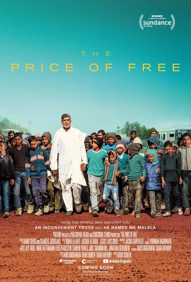 Poster for The Price of Free: Kailash Satyarthi, in white, walks hand in hand with a crowd of children across red earth — YouTube Originals.