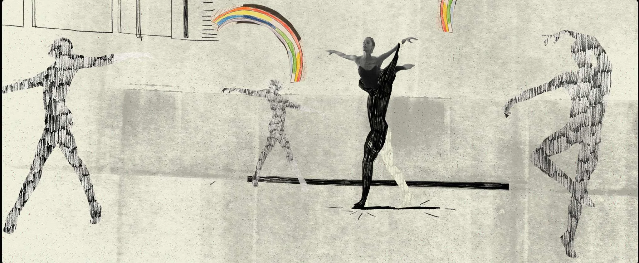 A ballerina is carried through a paper room of abstract drawn dancers beneath a hand-drawn rainbow — The Shimmering Asphalt, New York City Ballet.