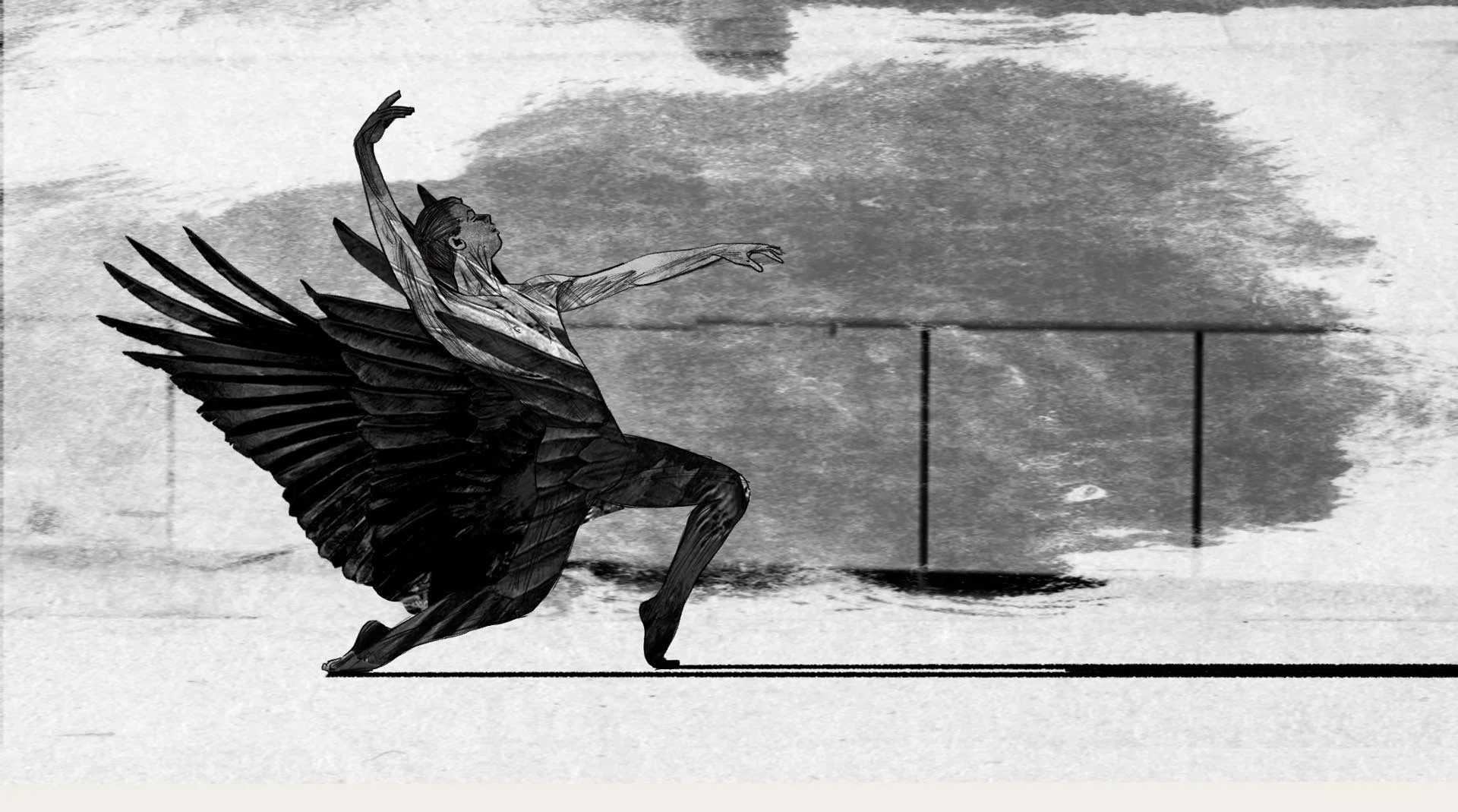 A darker male dancer with great black wings lunges across a gray, smudged landscape — The Shimmering Asphalt, New York City Ballet.