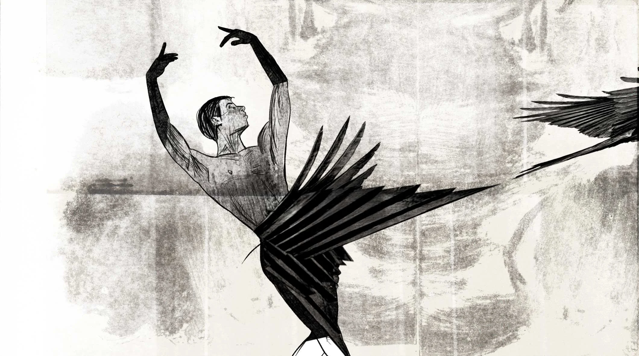 A male dancer raises his arms, wings of sharp, angled black feathers spreading below him — The Shimmering Asphalt, New York City Ballet.