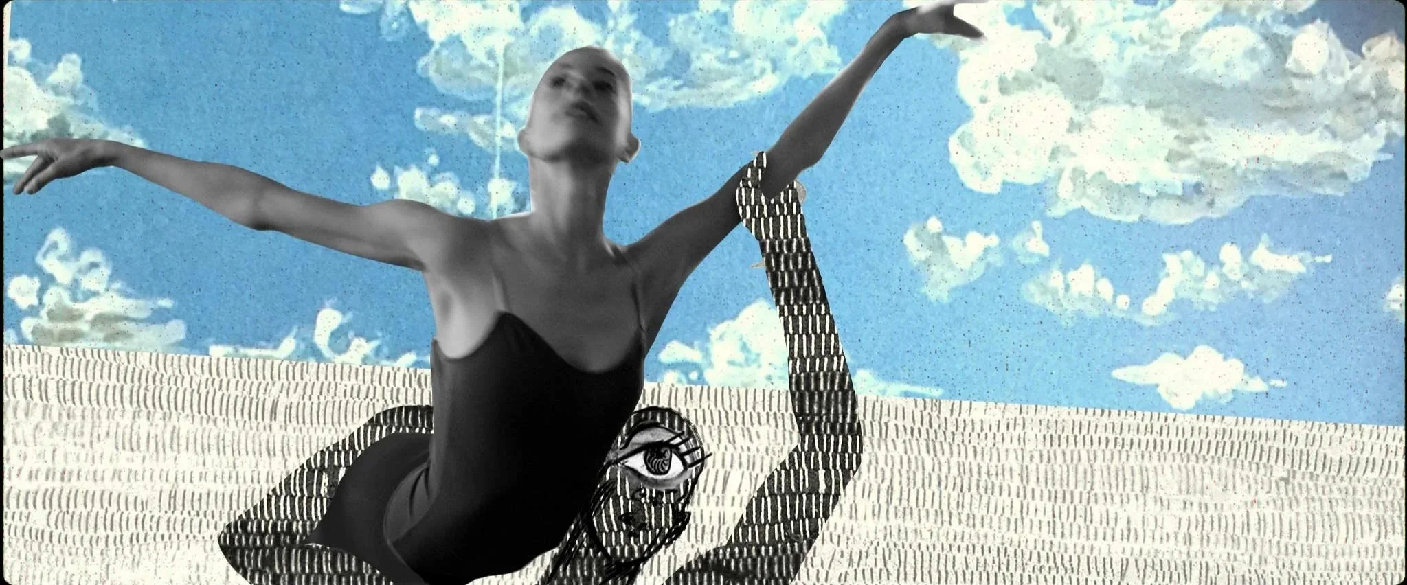 A ballerina is carried against a blue sky by an animated dancer drawn in rows of hatch marks — The Shimmering Asphalt, New York City Ballet.
